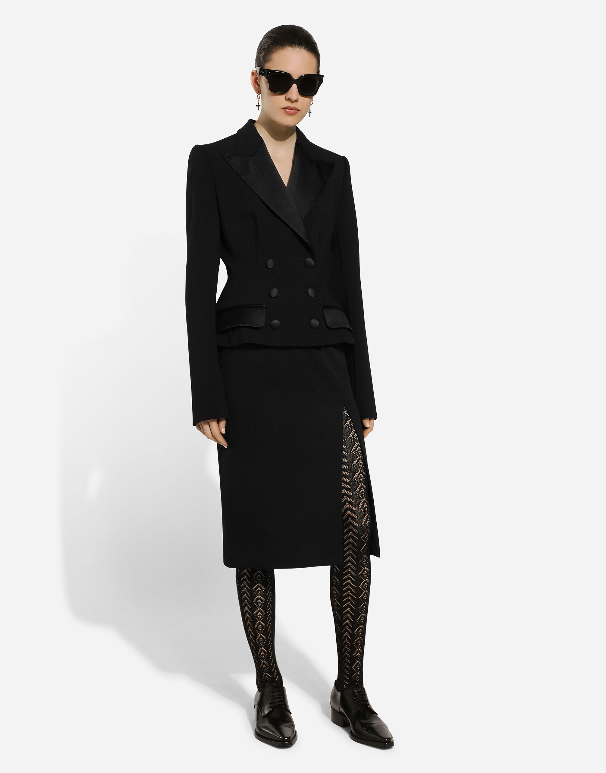 Calf-length wool gabardine skirt with slit - 3