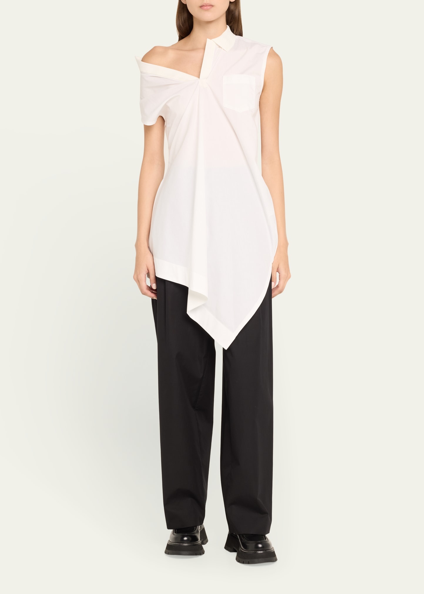 Asymmetric Off-The-Shoulder Poplin Tunic Shirt - 2