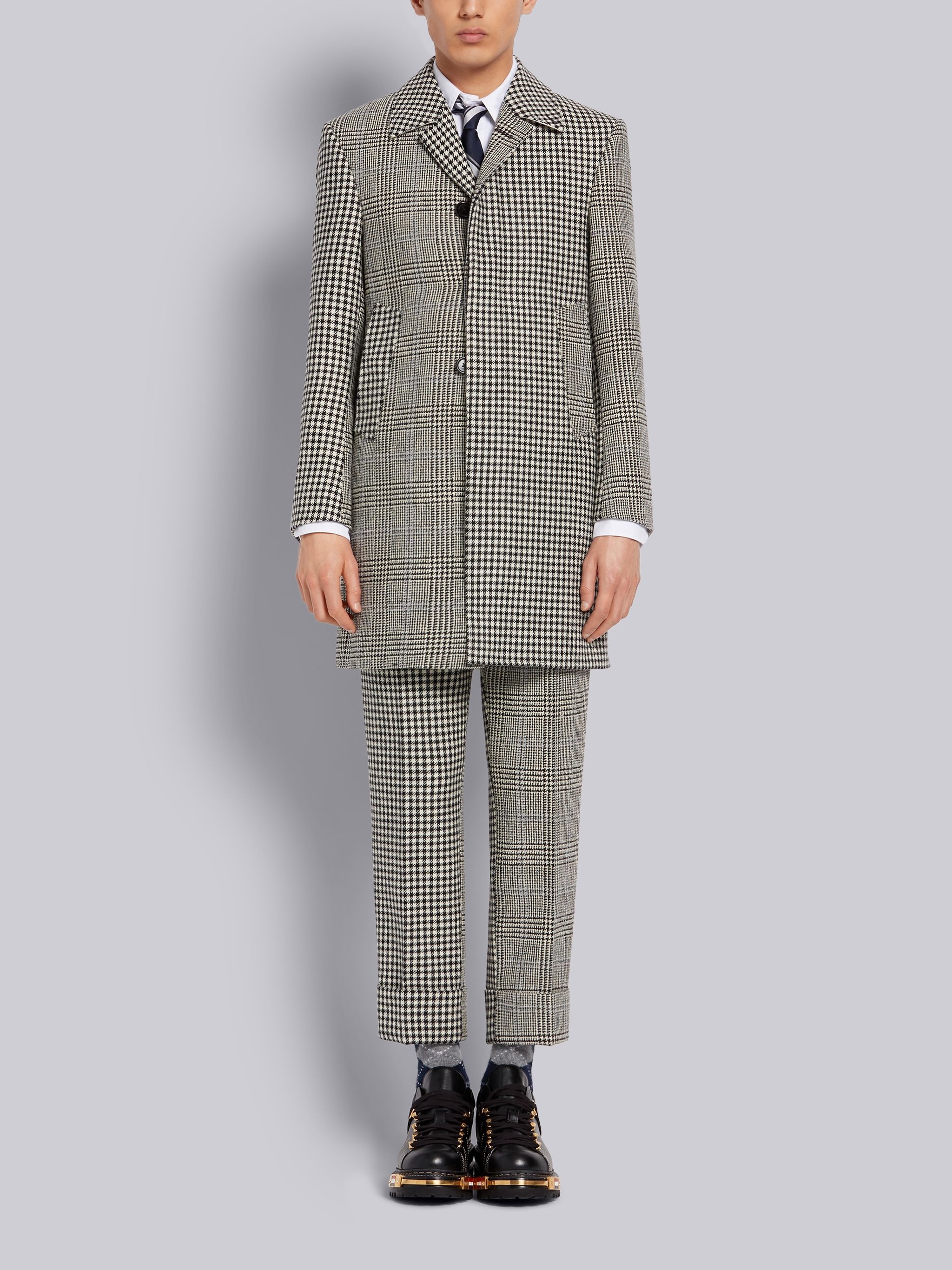 Black and White Fun-Mix Prince of Wales Overcheck Hunting Wool Tweed Classic Bal Collar Overcoat - 1