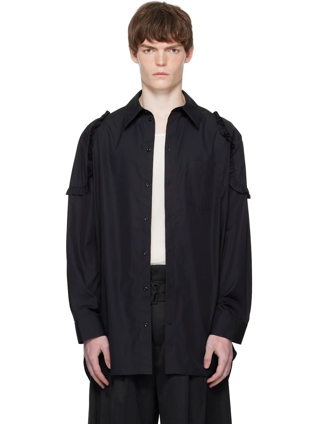 Black Ruffle Shoulder Patch Tunic Shirt - 1