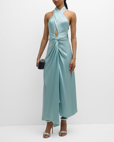 LAPOINTE Plunging Halter Draped Open-Back Satin Maxi Dress outlook