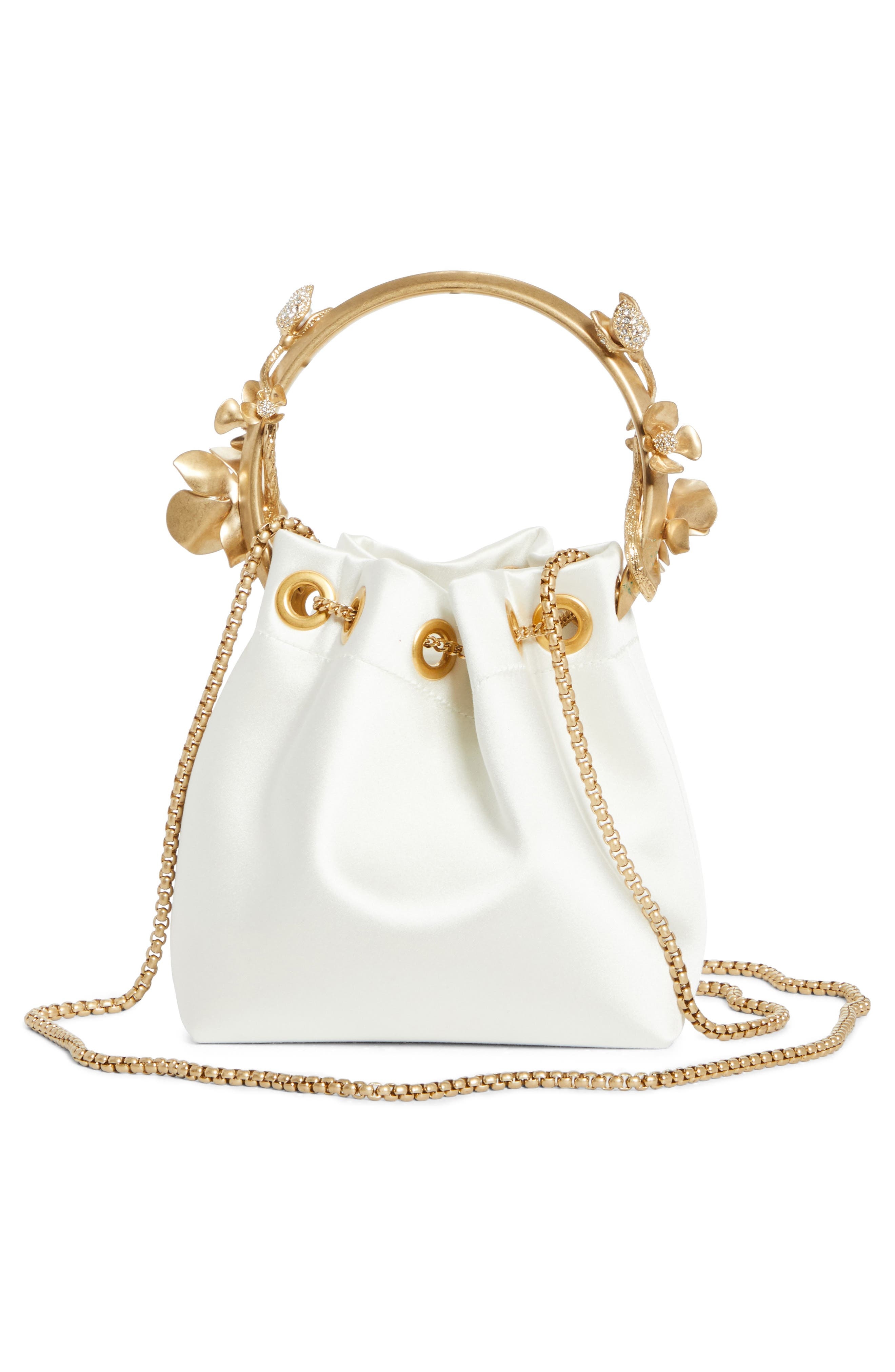 Jimmy Choo Bon Bon Floral Crystal Embellished Drawstring Top Handle Pouch in Ivory/Gold at Nordstrom - 5