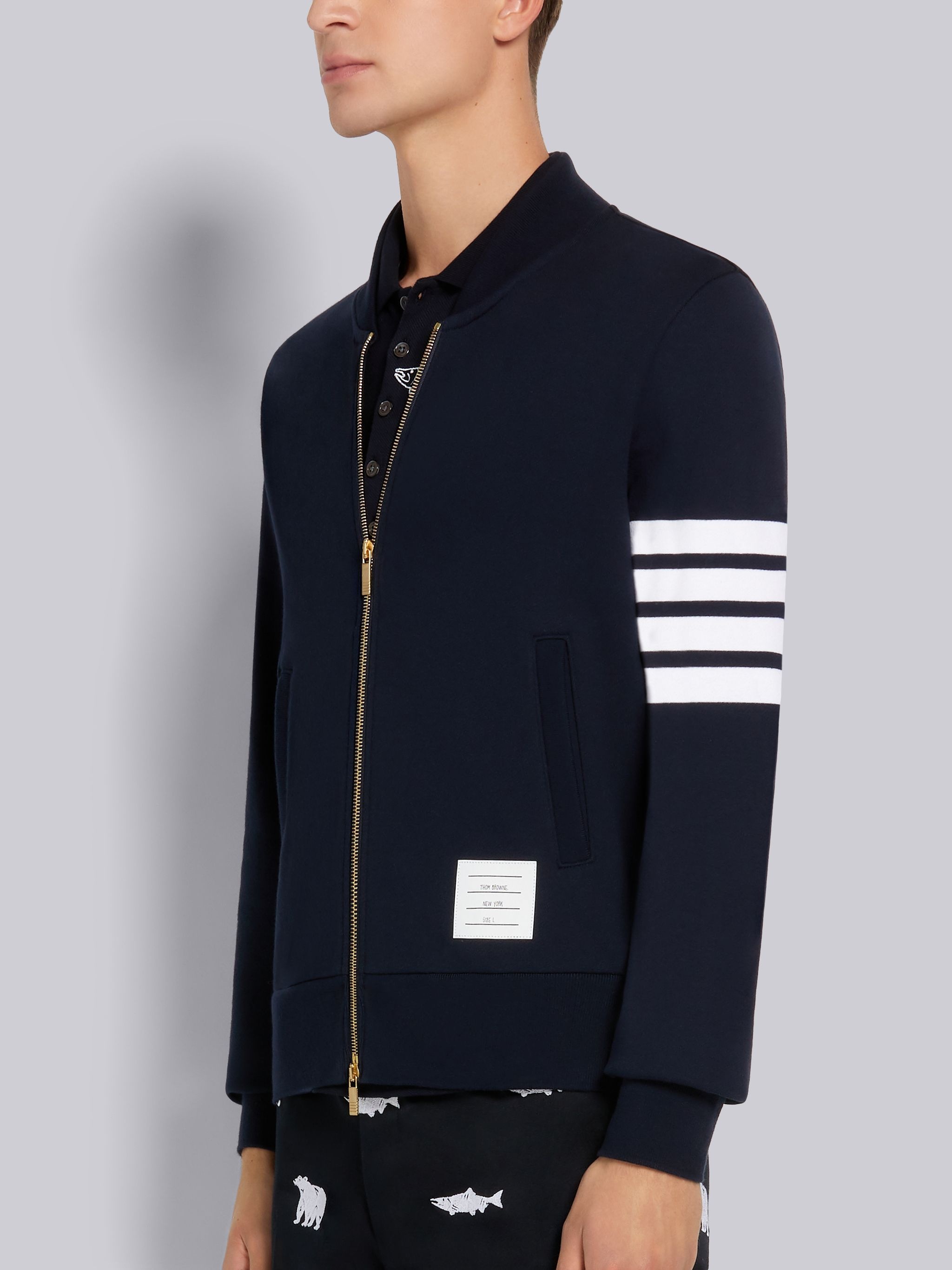 Navy Loopback Terry Engineered 4-Bar Bomber Jacket - 2