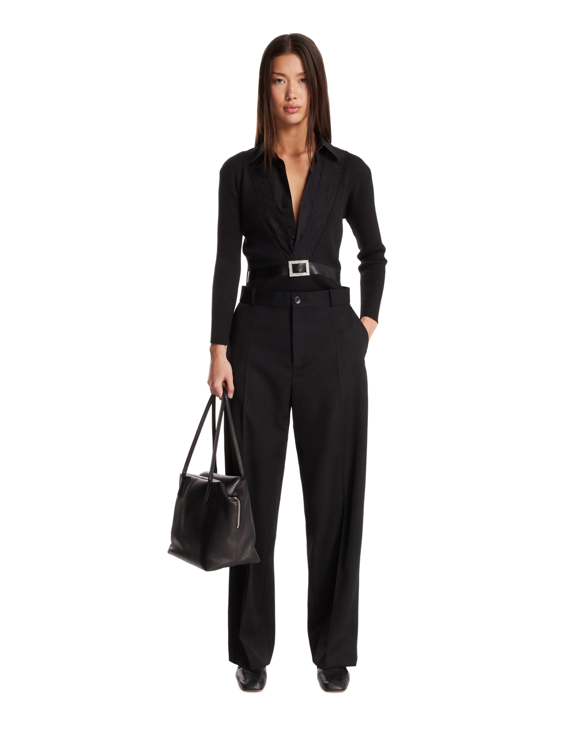 Black Shirt-Cardigan with Belt - 2