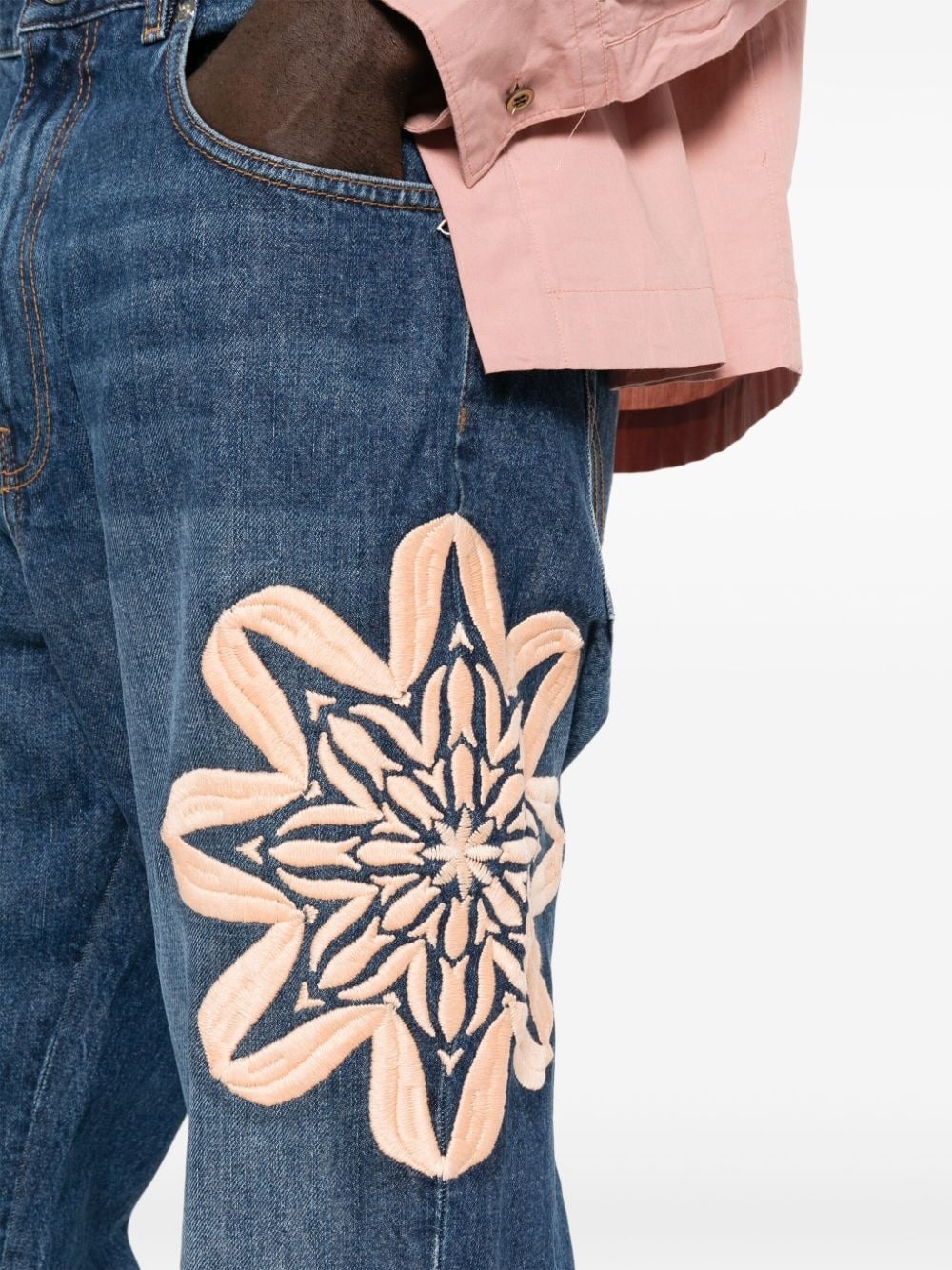 floral-embroidered bootcut jeans - 6