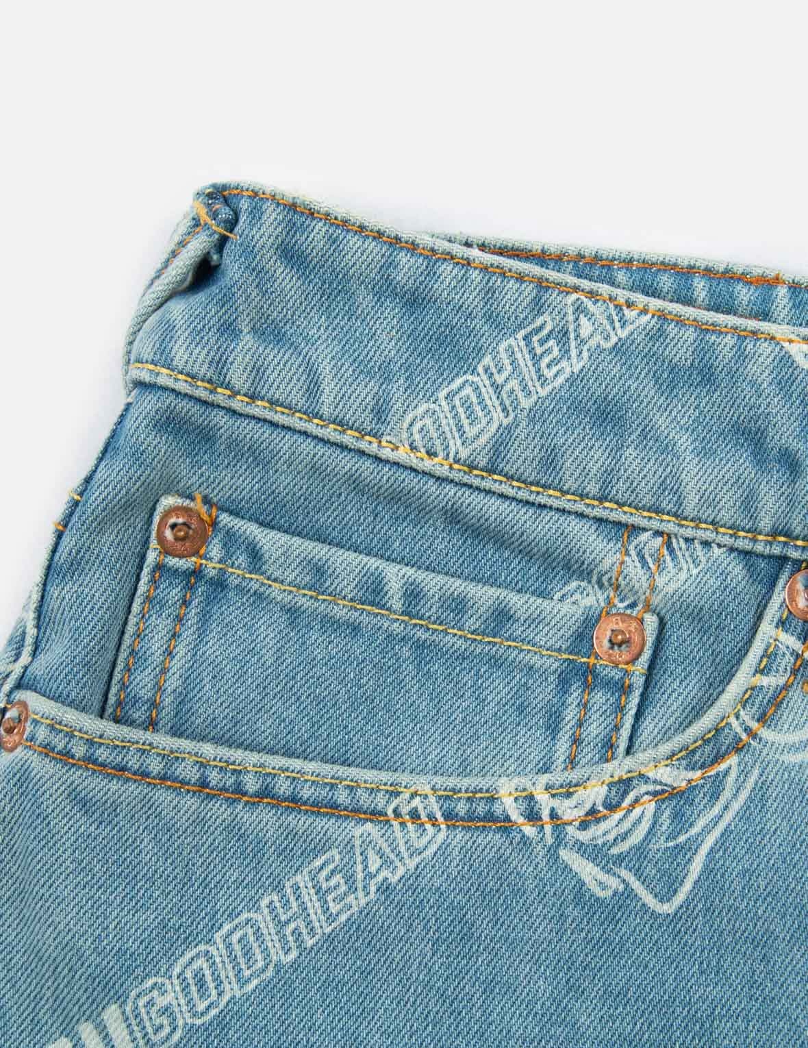 ALLOVER GODHEAD DISCHARGE PRINT DENIM SHORTS - 8