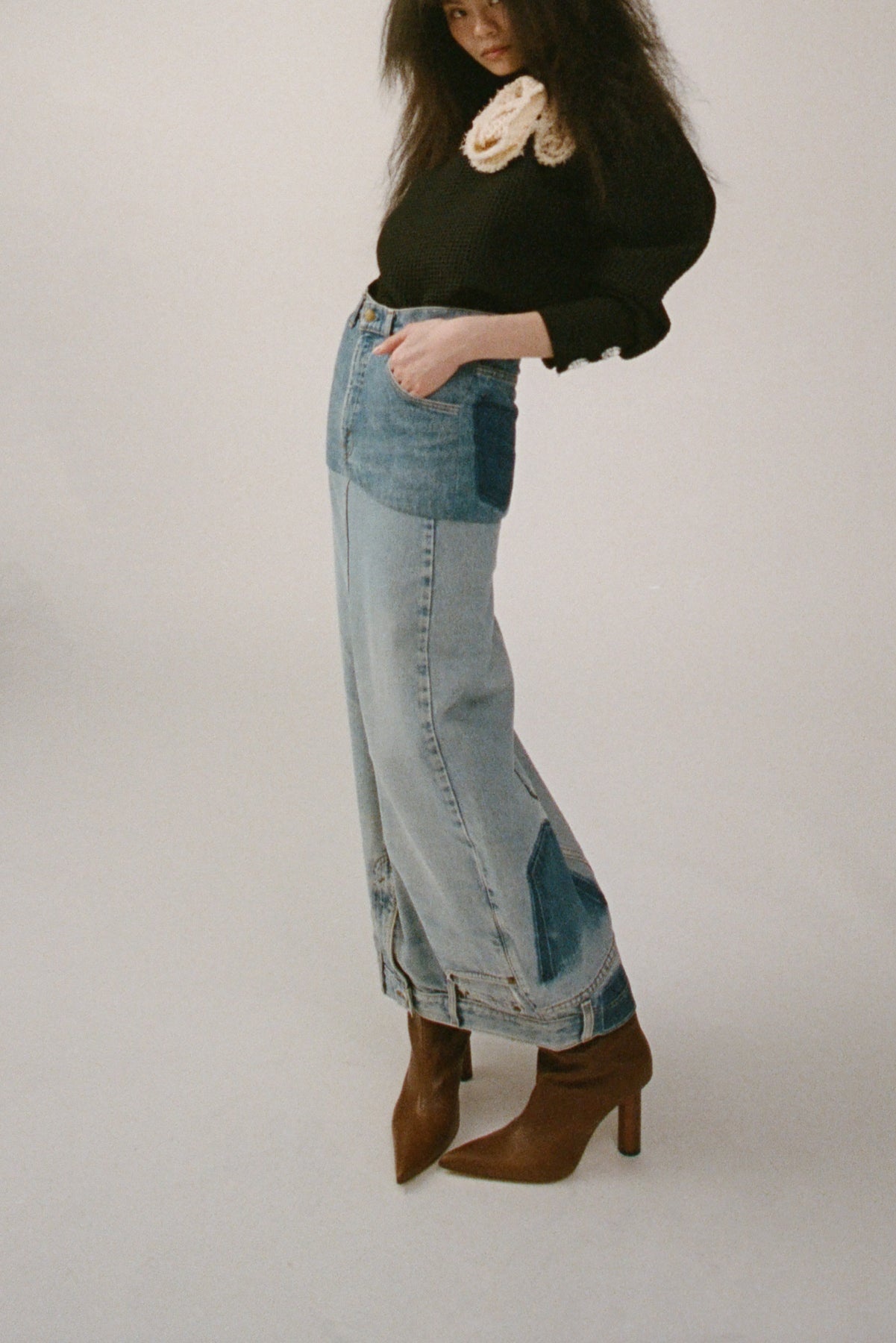 RECYCLED DENIM MIRROR EFFECT SKIRT BLUE - 10
