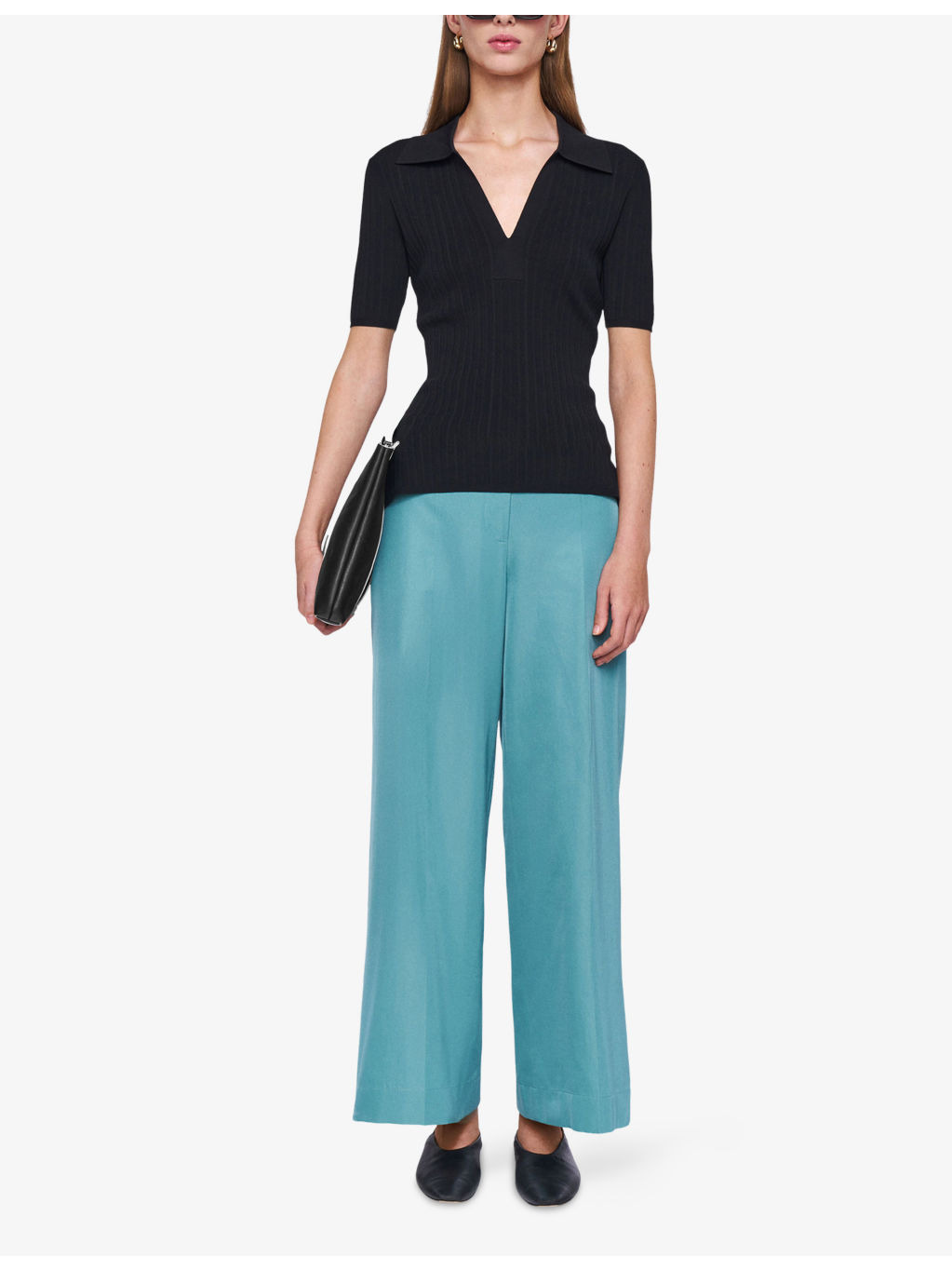 Ribbed V-Neck Knitted Polo Top - 2