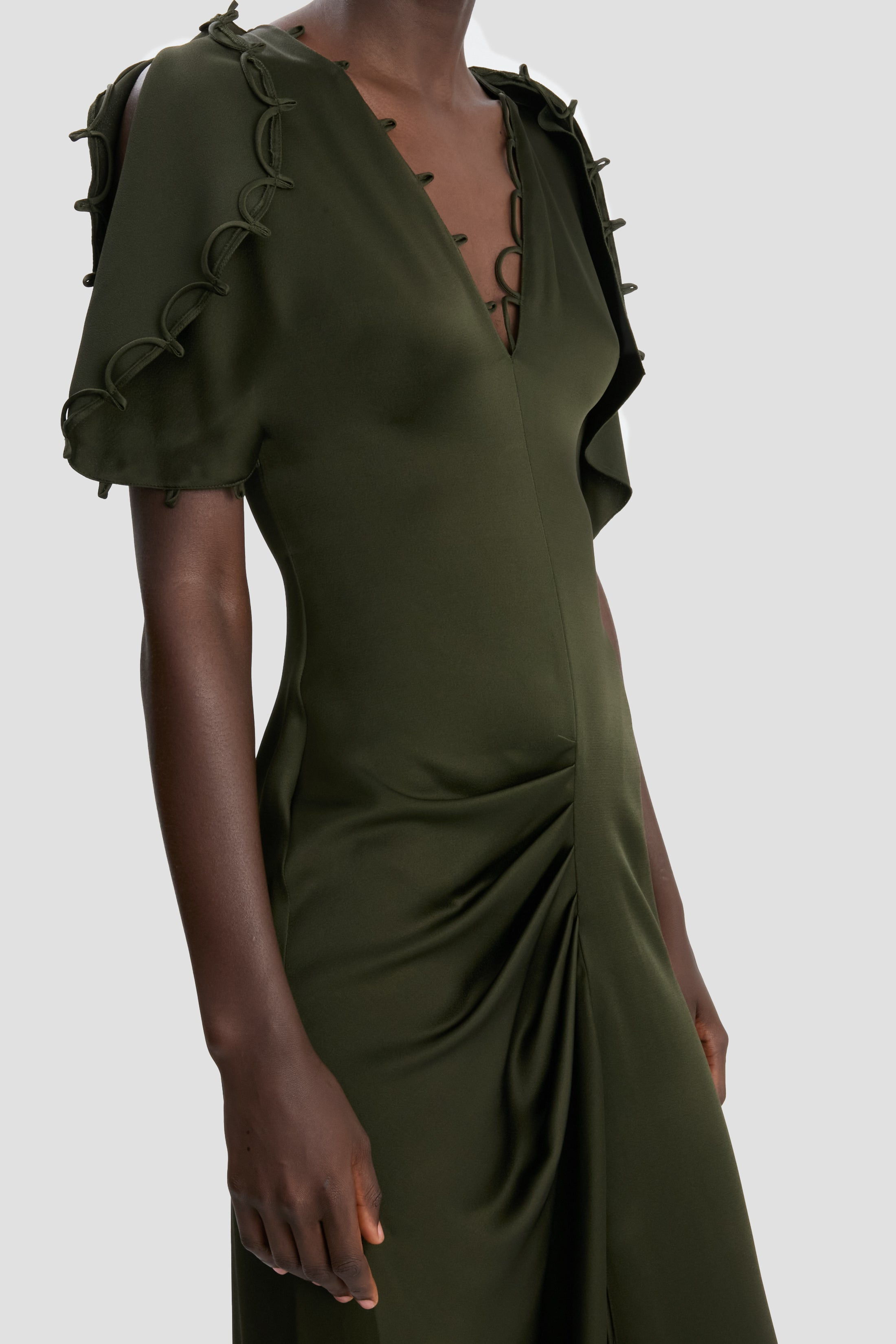 Rouleaux Detail Midi Dress In Dark Olive - 4