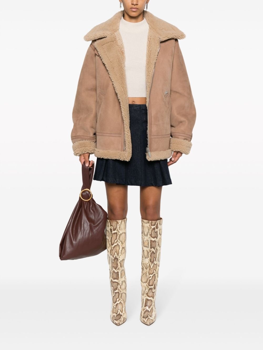 shearling zip-up biker jacket - 3