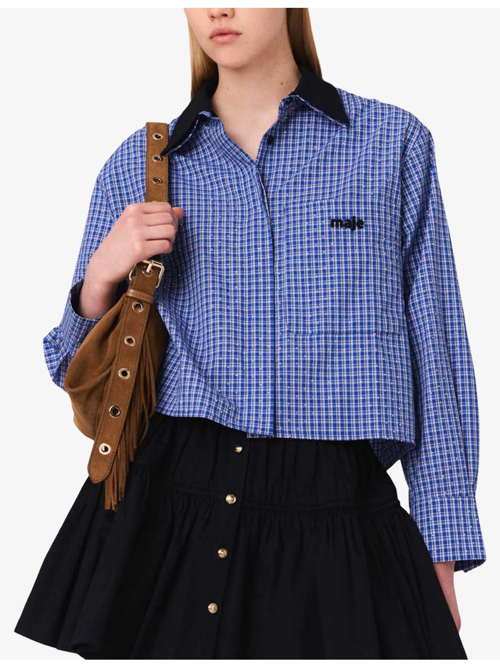 Rhinestone-Embellished Removable-Collar Cotton Shirt - 3
