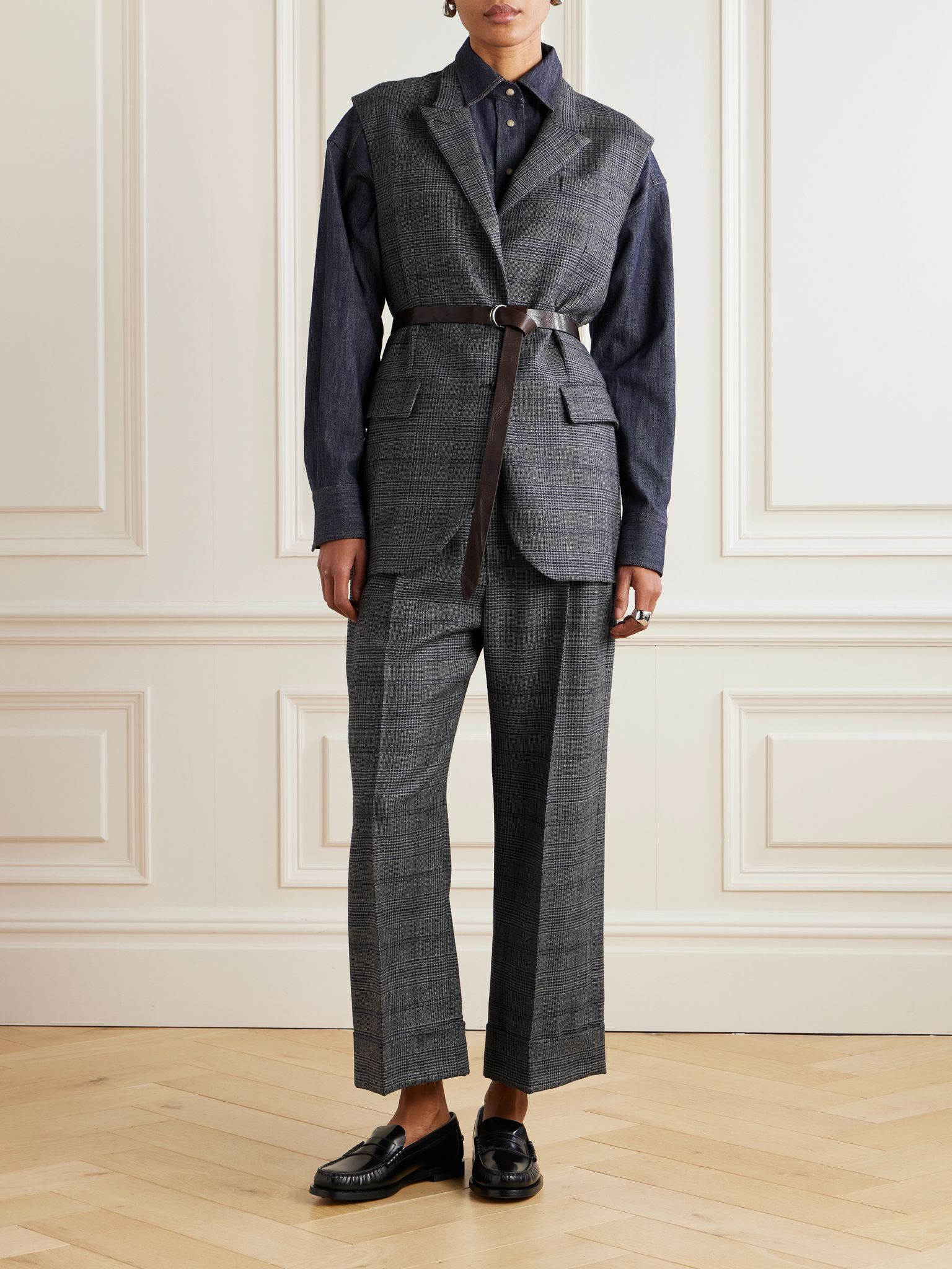 Cropped bead-embellished pleated Prince of Wales checked wool wide-leg pants Gray - 2
