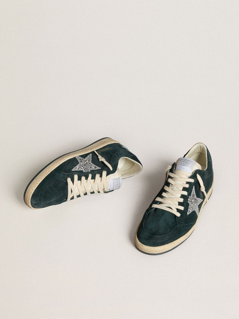 Golden Goose Ball Star in green suede with silver glitter star outlook