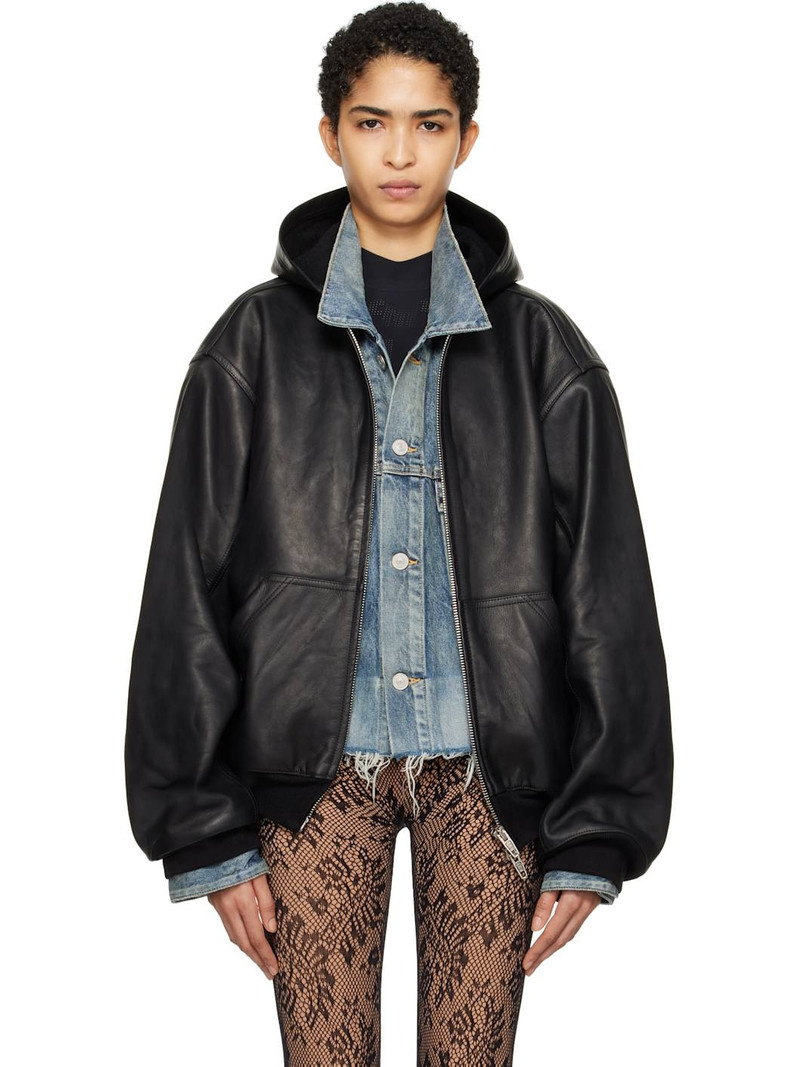 leather hooded bomber jacket - 1