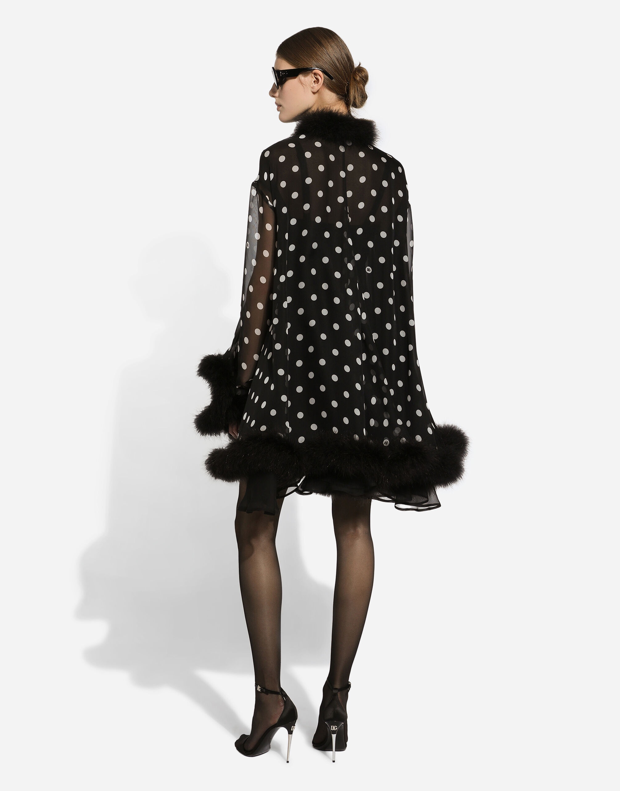 Chiffon cape with polka-dot print and marabou trim - 3