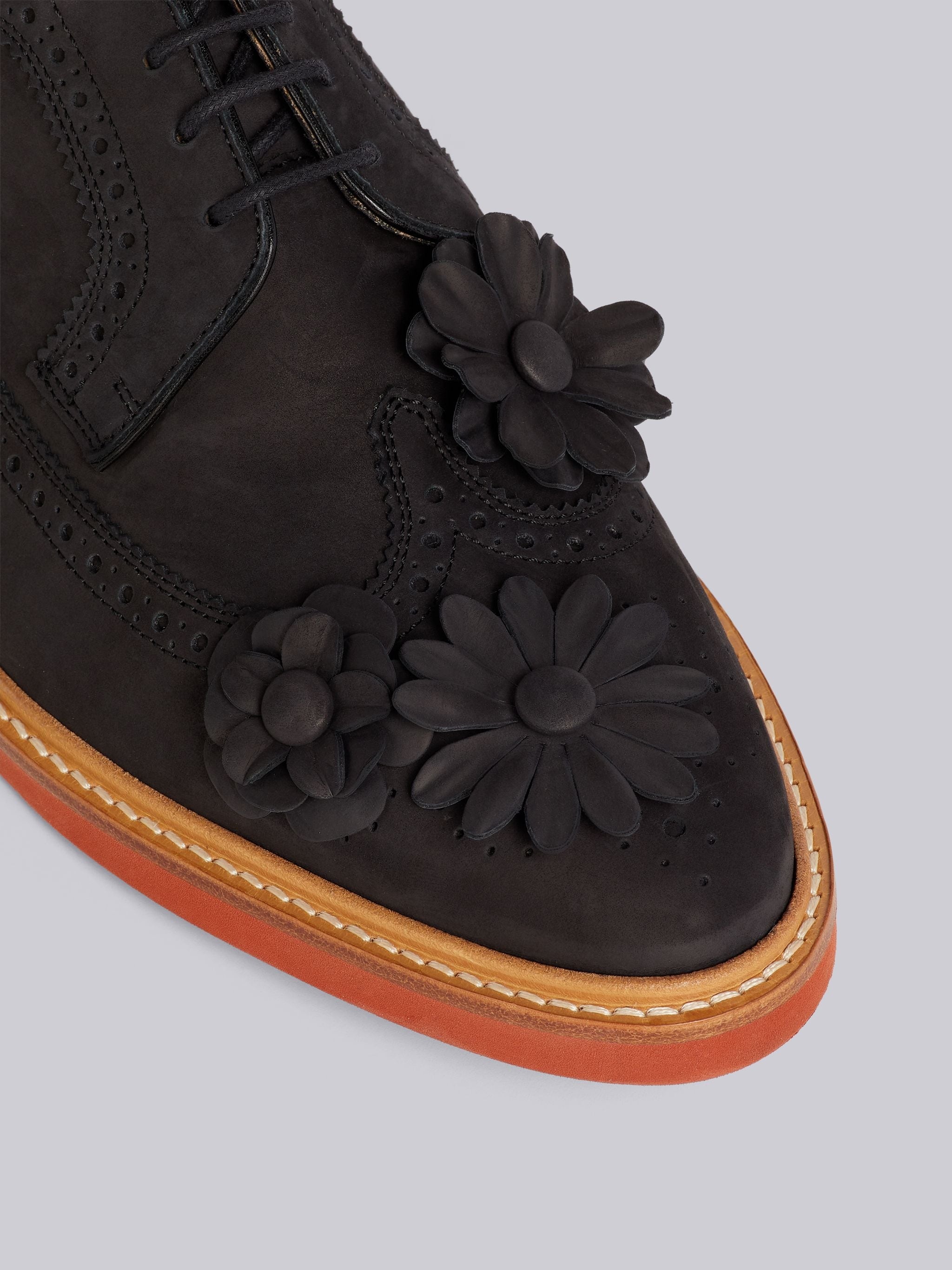 Black Fine Kid Suede Floral Applique Micro Sole Longwing Brogue - 2