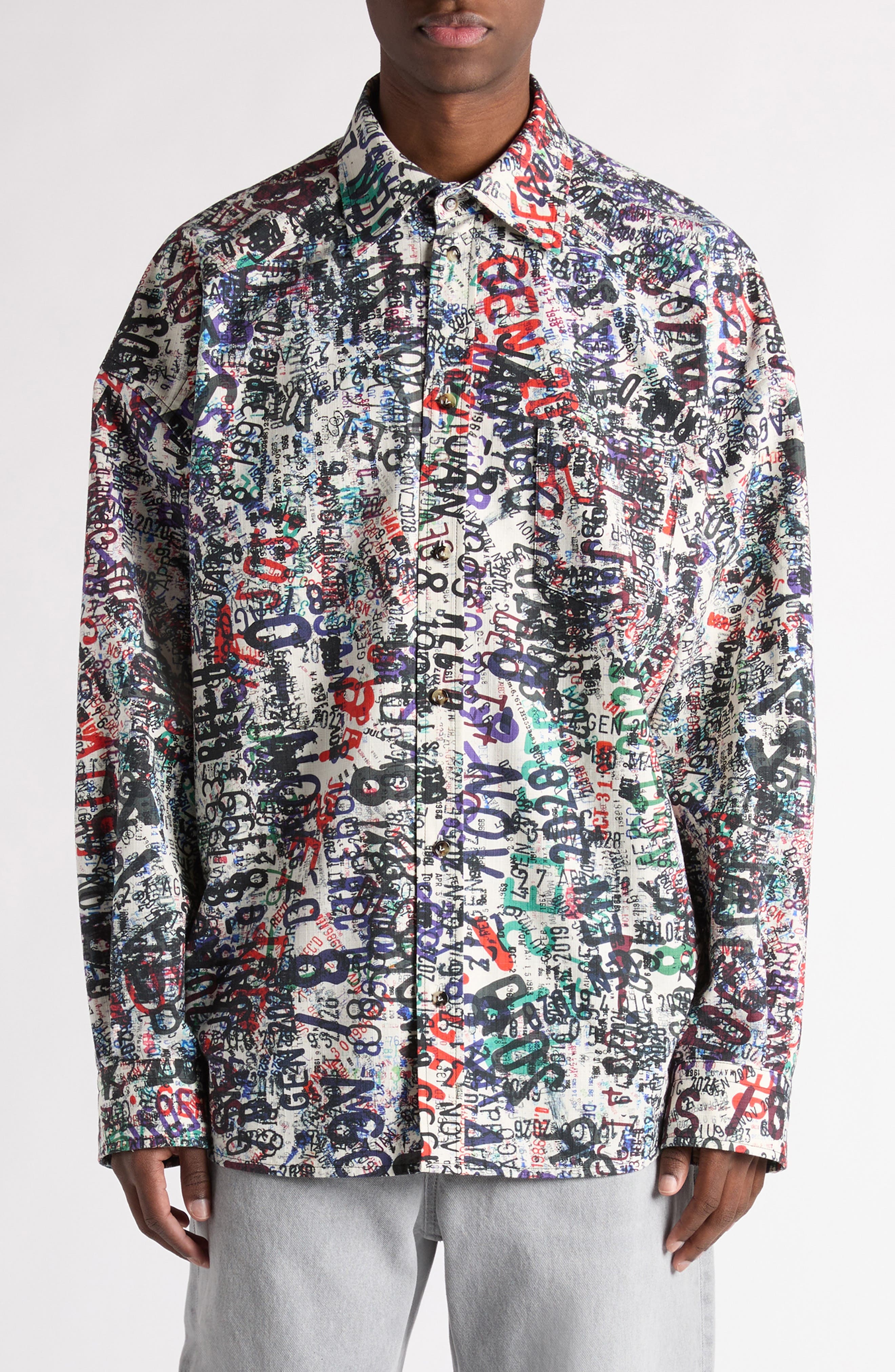 Bottega Veneta Memory Print Relaxed Fit Cotton & Wool Button-Up Shirt in 9173 Chalk/multicolour at N - 1