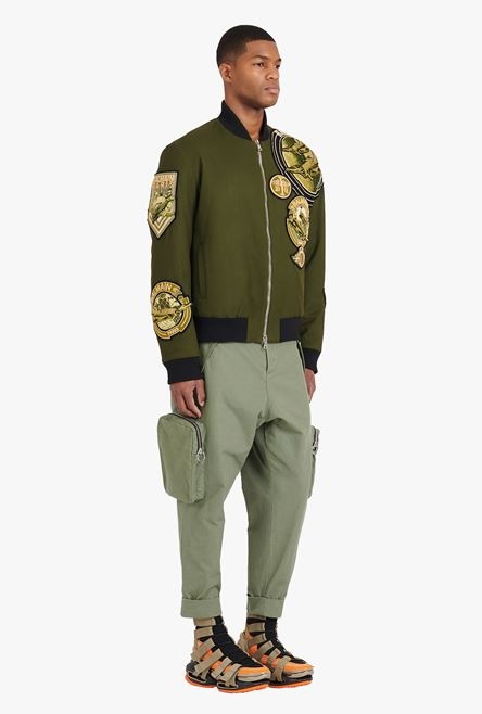 Khaki aviator teddy jacket with Balmain badges - 7