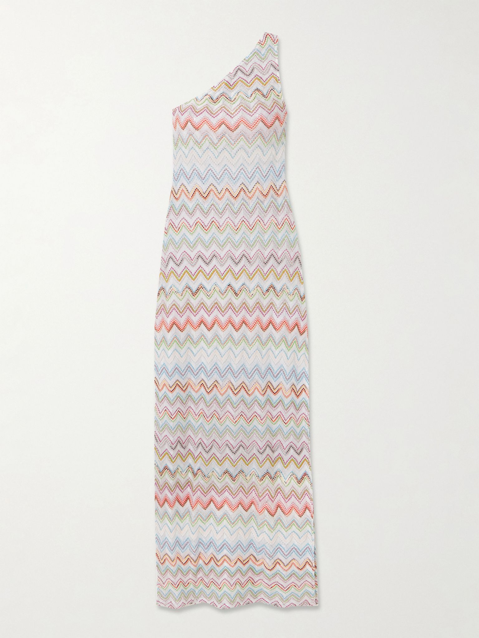 One-shoulder striped metallic crochet-knit coverup Multi - 1