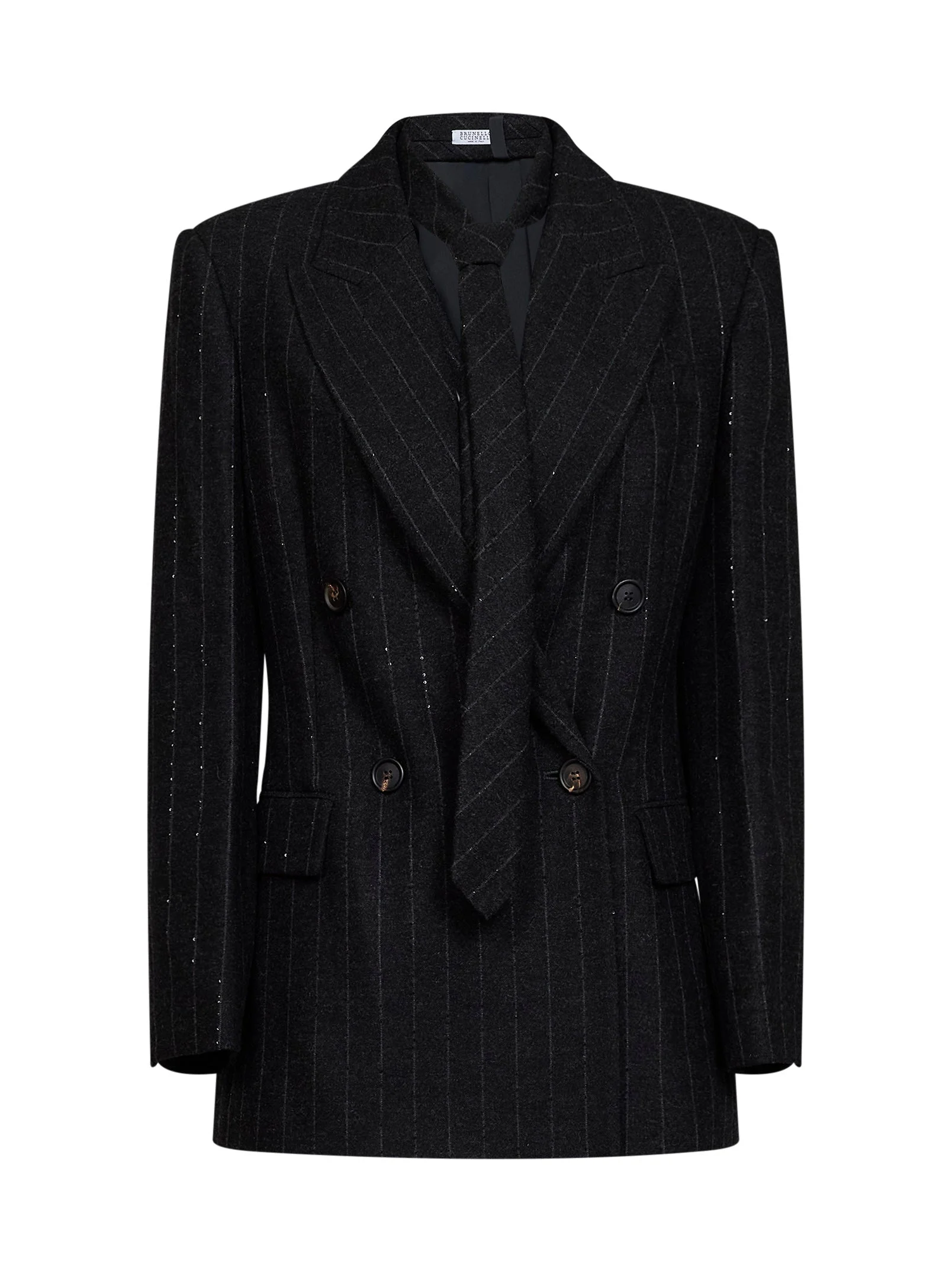 Anthracite sequin pinstriped wool-blend blazer with tie - 1