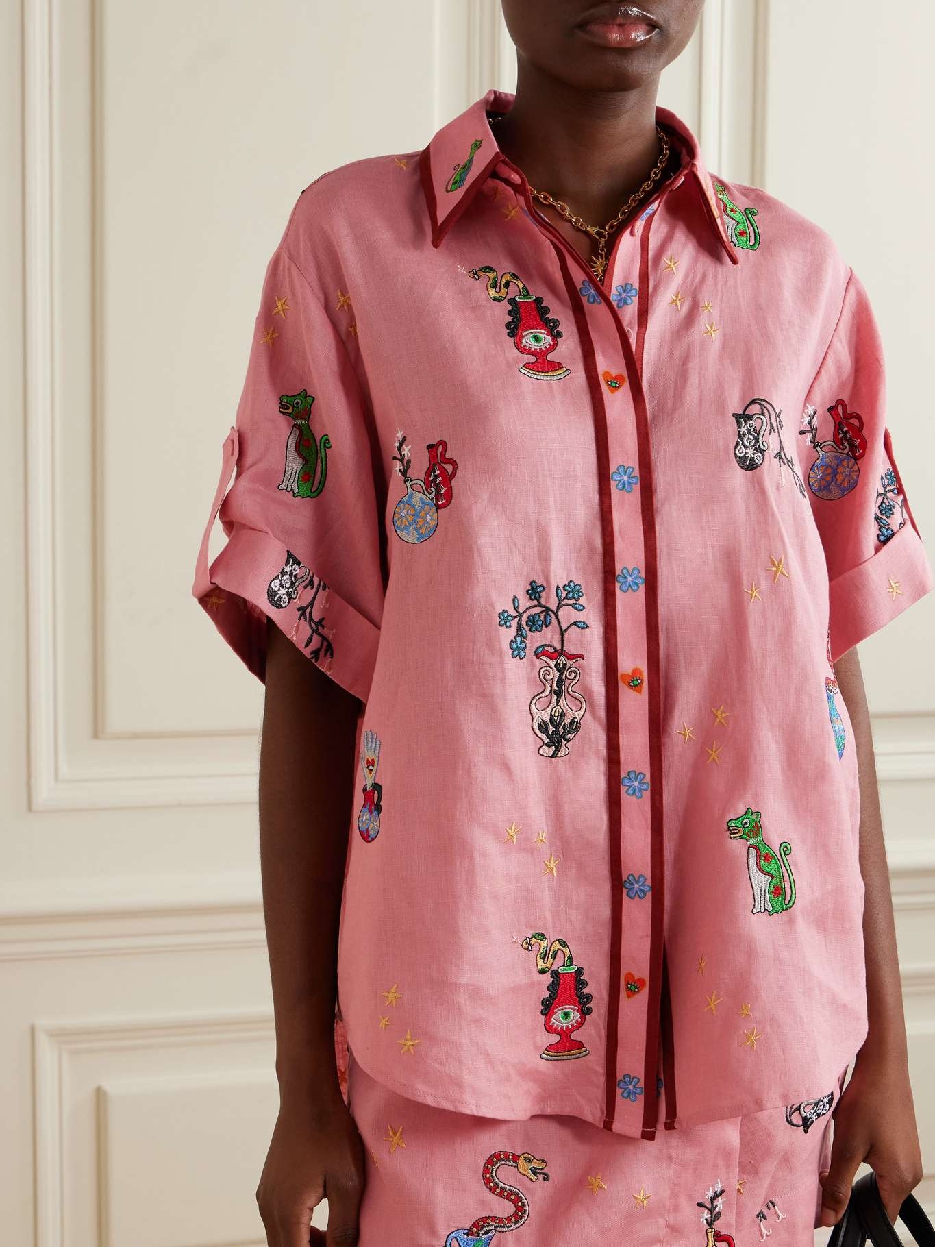 + Nadia Hernandez Timmy oversized embroidered printed linen shirt Pink - 3