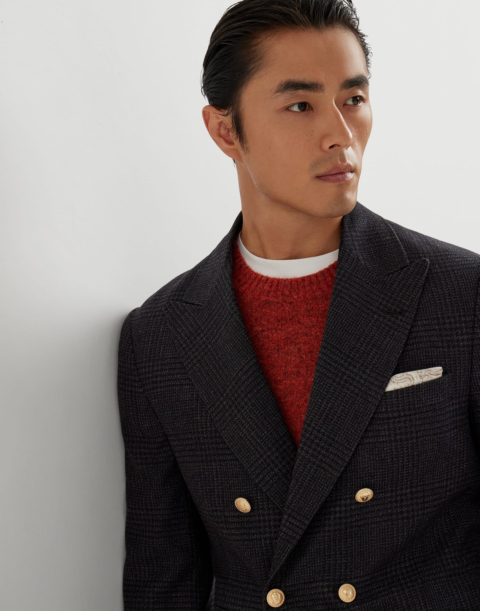 Wool, cashmere and silk tone-on-tone Prince of Wales one-and-a-half breasted deconstructed blazer wi - 3