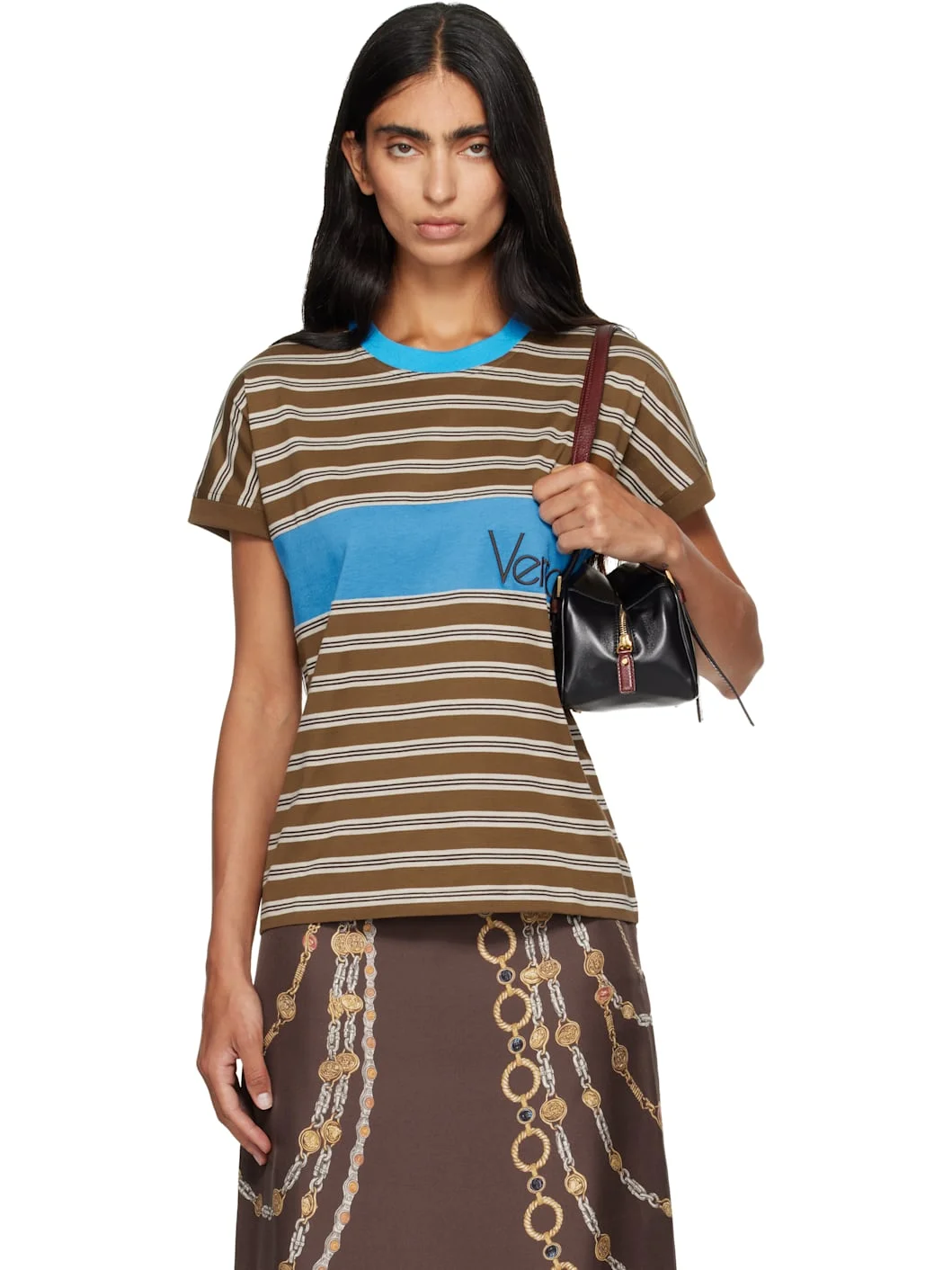 Brown & Blue Embroidered-Logo Striped-Intarsia Cotton T-shirt - 1