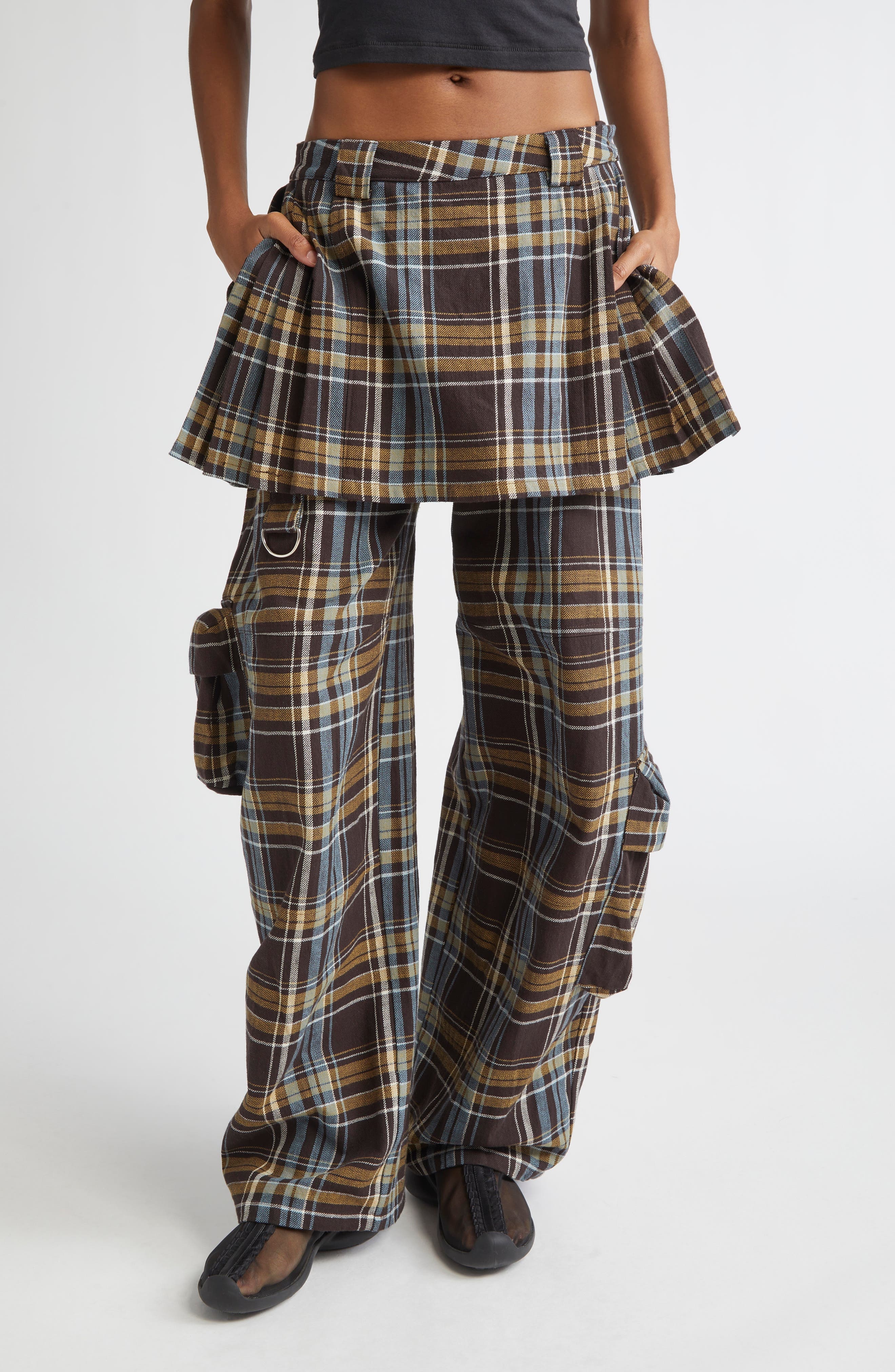 Collina Strada Lawn Plaid Skirt Overlay Cargo Pants in Loam Plaid at Nordstrom - 1