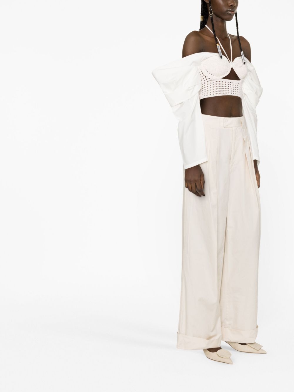 draped-sleeves crochet-knit blouse - 4