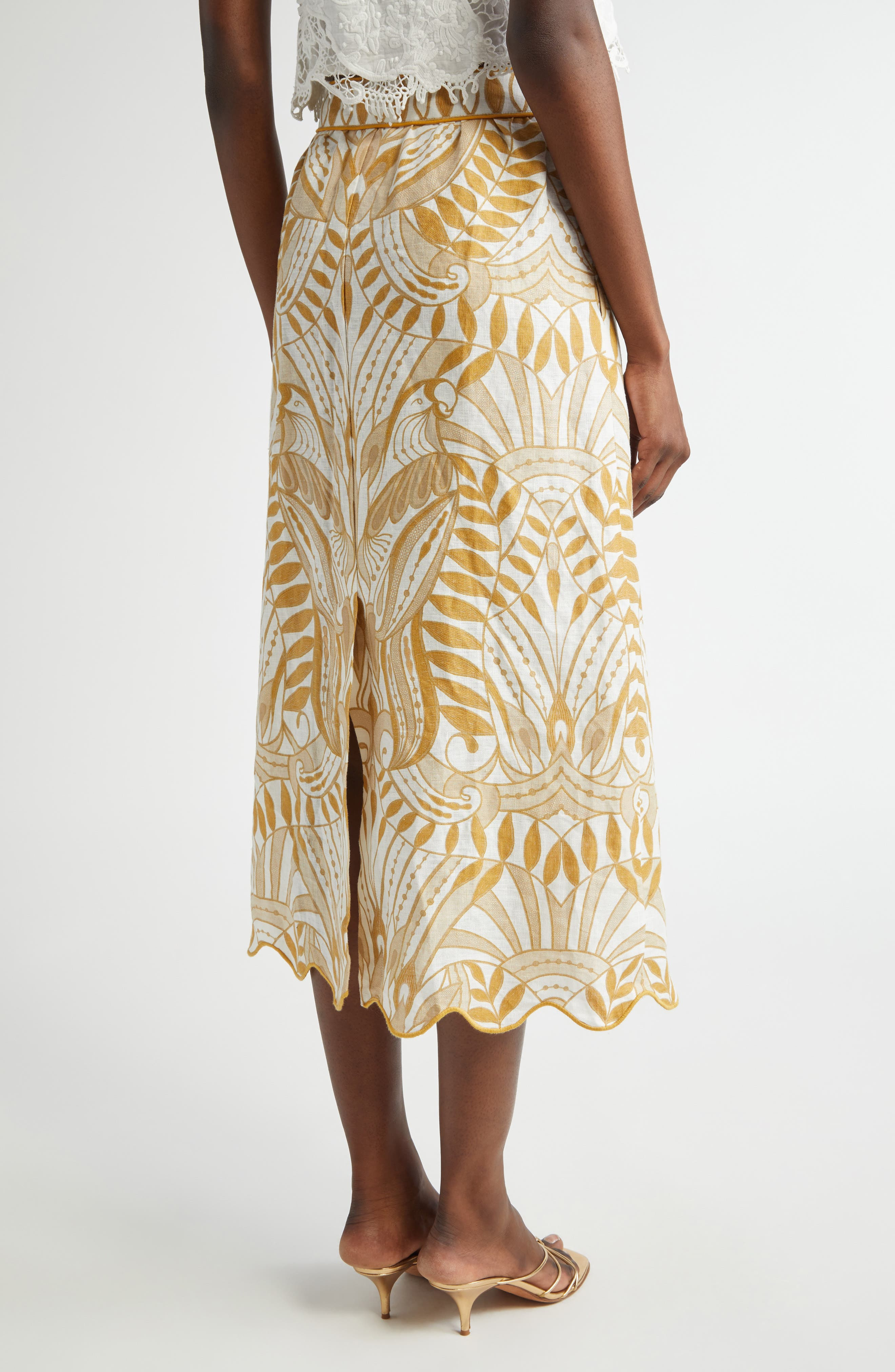 FARM Rio Lace Nature Linen Midi Skirt in Off-White at Nordstrom - 3