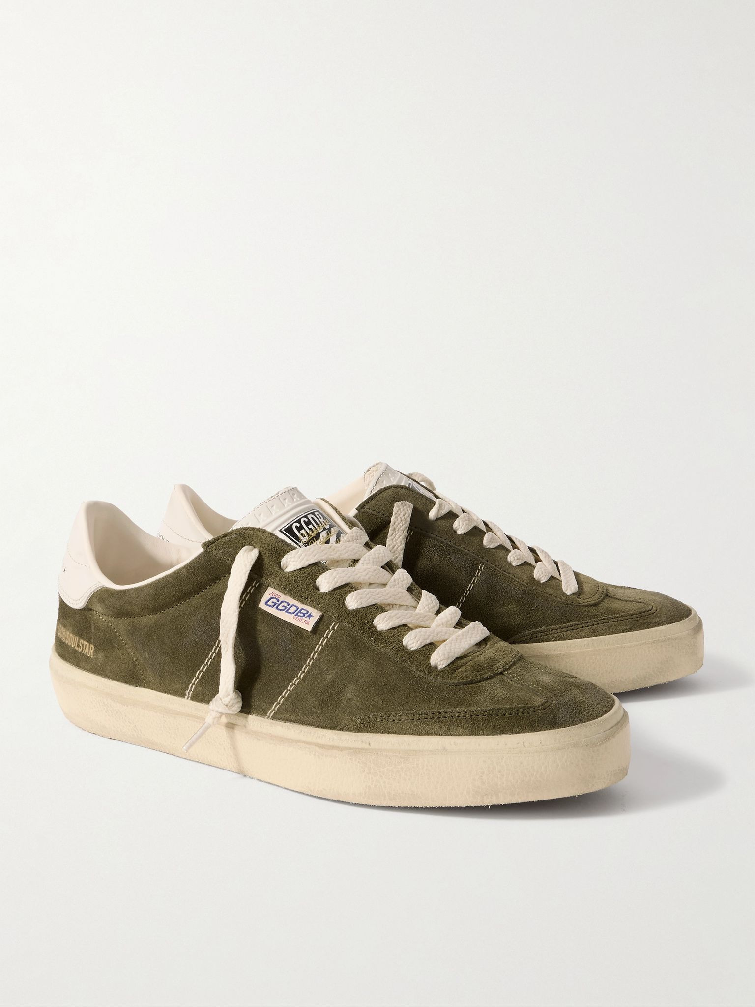 Soul-Star Distressed Leather-Trimmed Suede Sneakers Green - 4