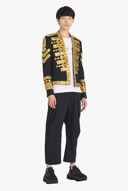 Black wool spencer jacket with gold-tone studded embroidery - 2