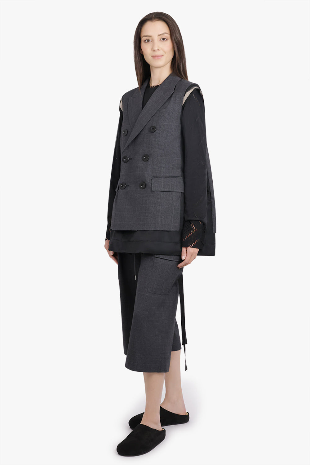 GLEN CHECK PRINT CONTRAST PANEL LONGLINE VEST WITH EXPOSED SHOULDER PADS | GREY/BLACK - 2