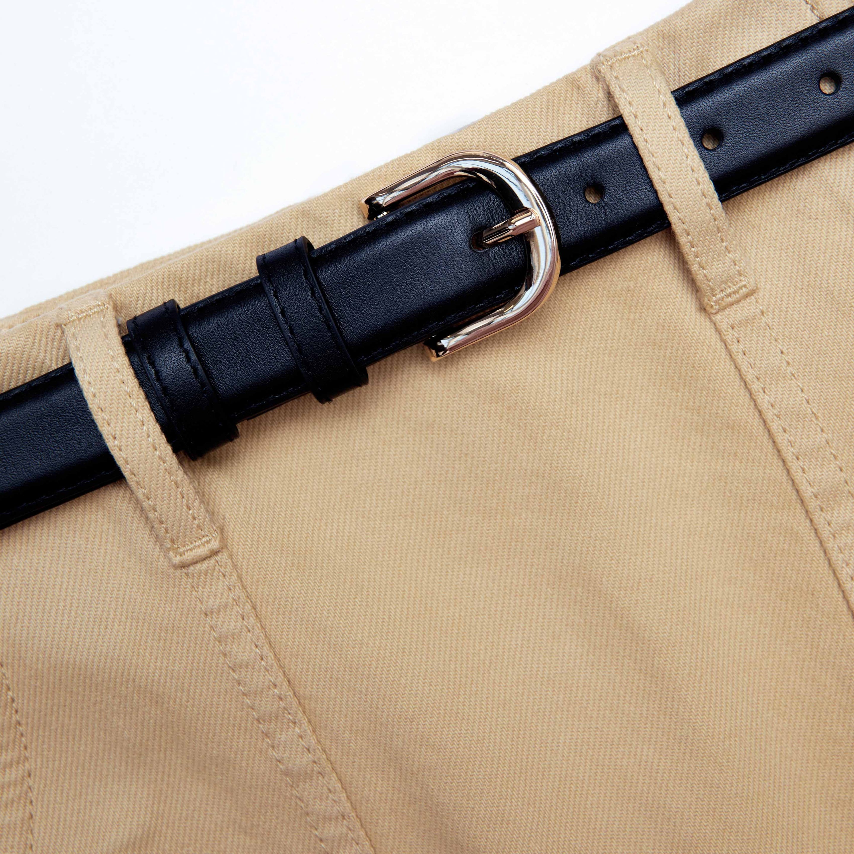 Beige Denim Belted Mini Skirt - 5