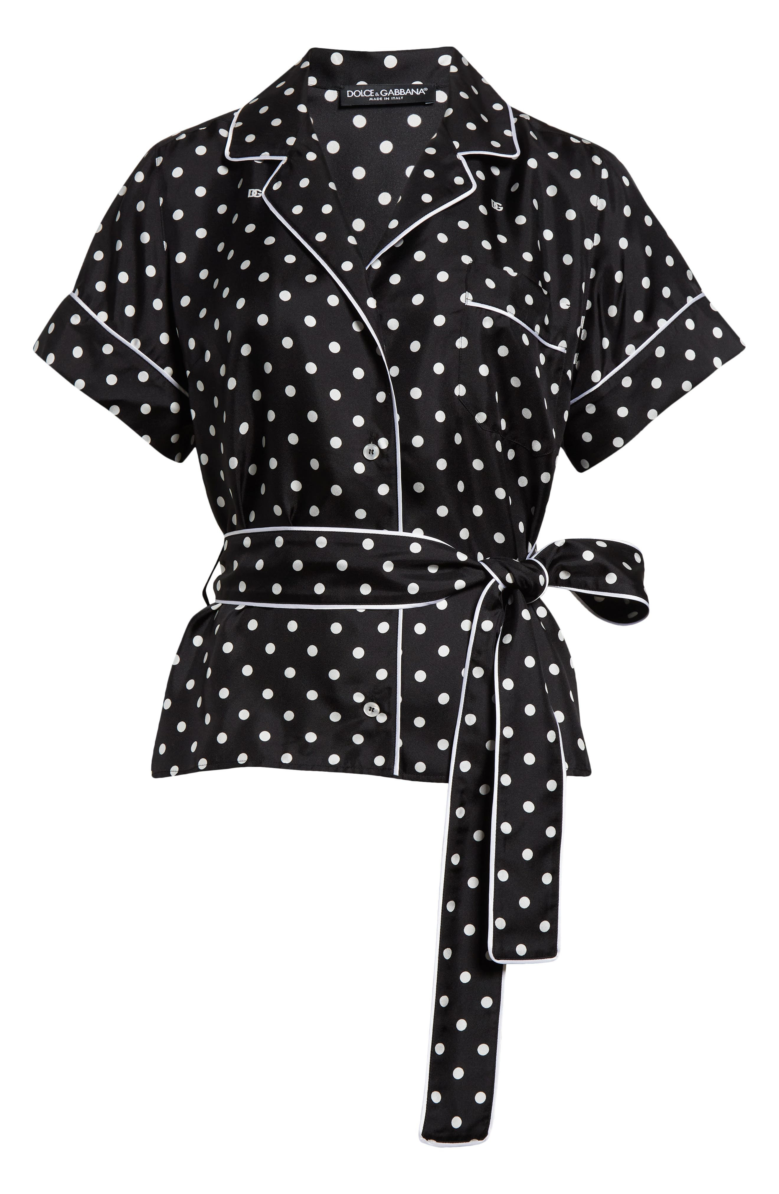 Dolce&Gabbana Polka Dot Belted Silk Pajama Shirt in Nero at Nordstrom - 6