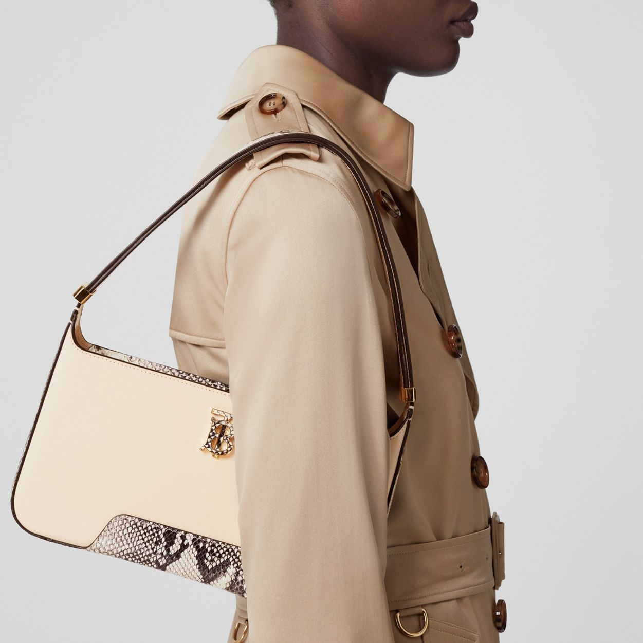 Leather and Python Print TB Shoulder Bag - 3