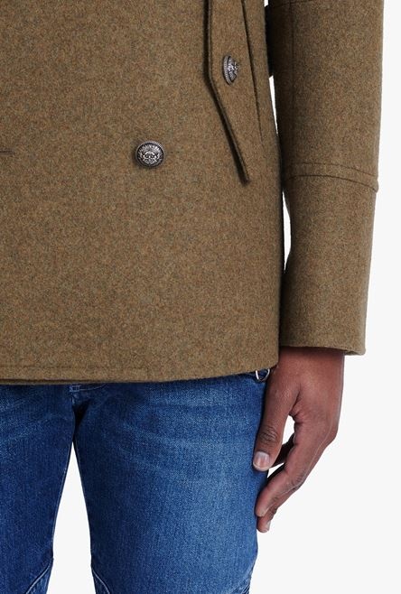 Light khaki wool military pea coat with double-breasted silver-tone buttoned fastening - 8
