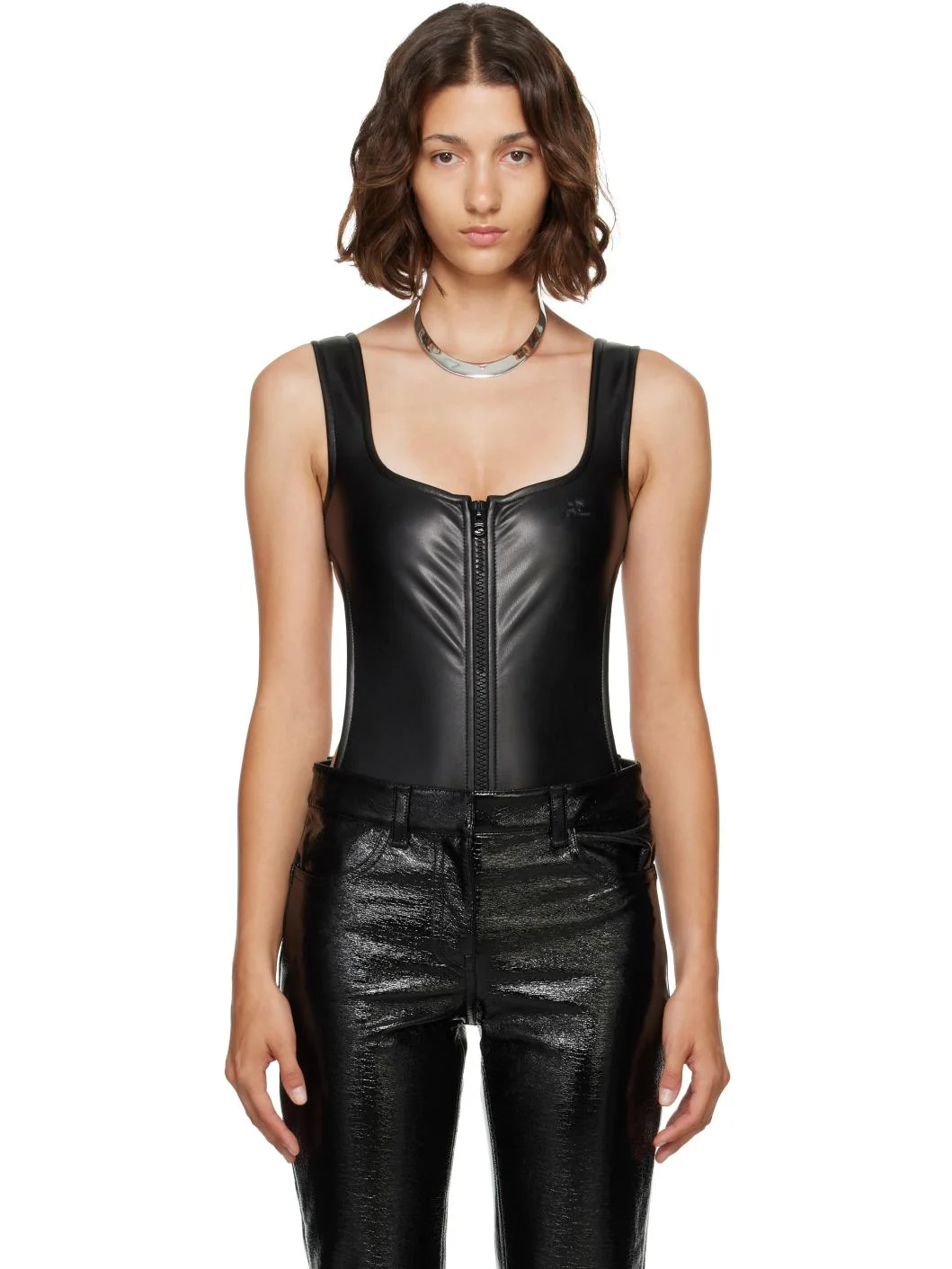 Black Cut-Out Faux-Leather Bodysuit - 1