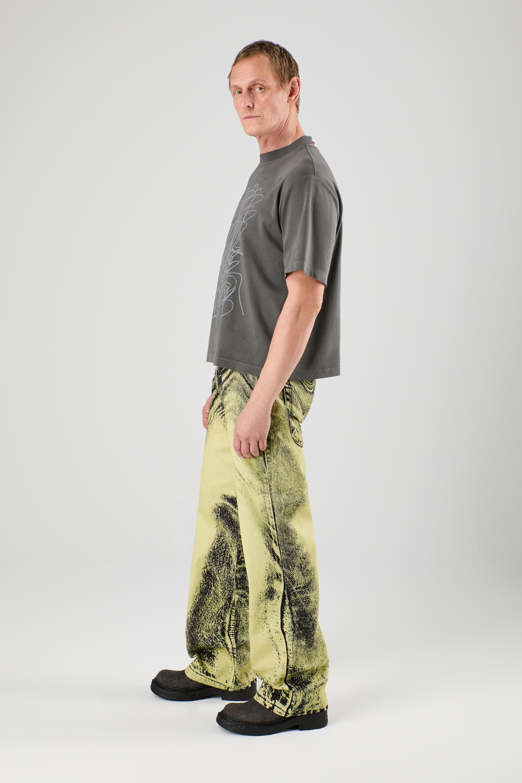 Yellow-Black Distorted Print Denim Jeans - 4