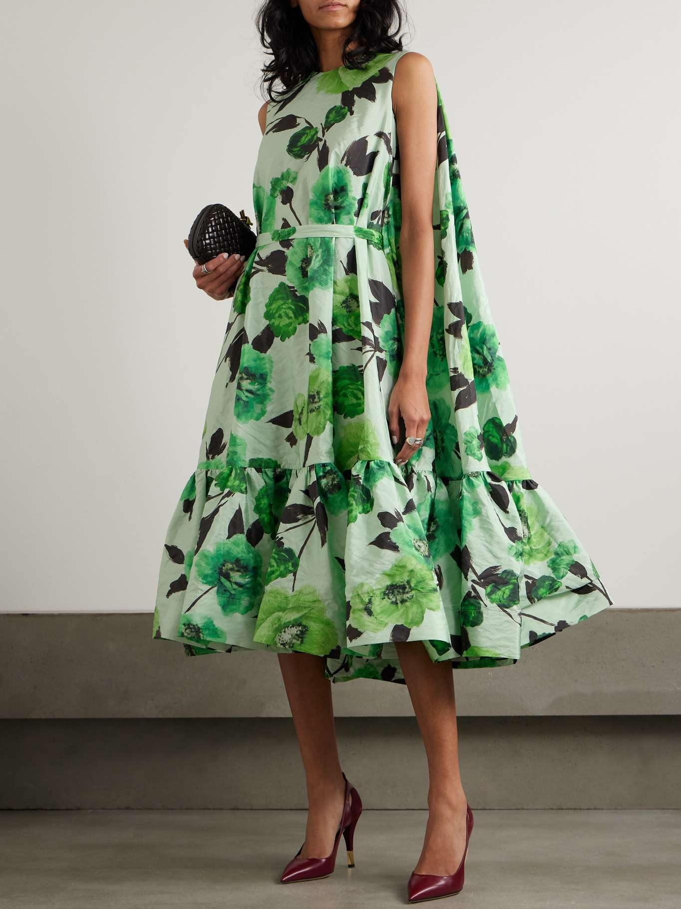 Belted cape-effect tiered floral-print crinkled-taffeta midi dress - 2