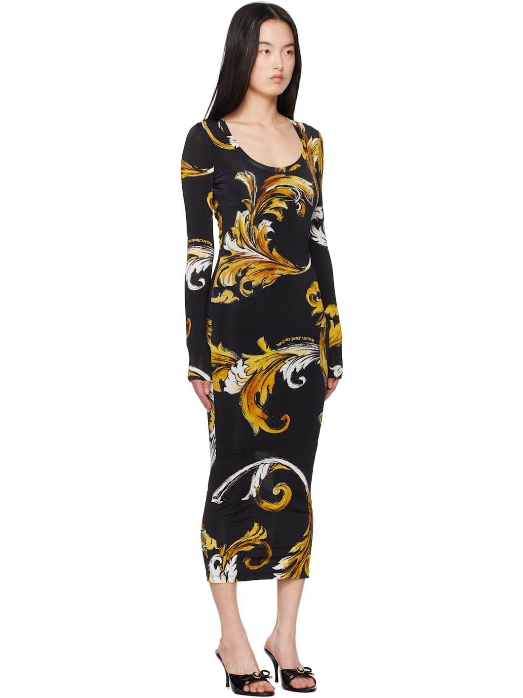 Black & Yellow Outline Barocco Midi Dress - 2
