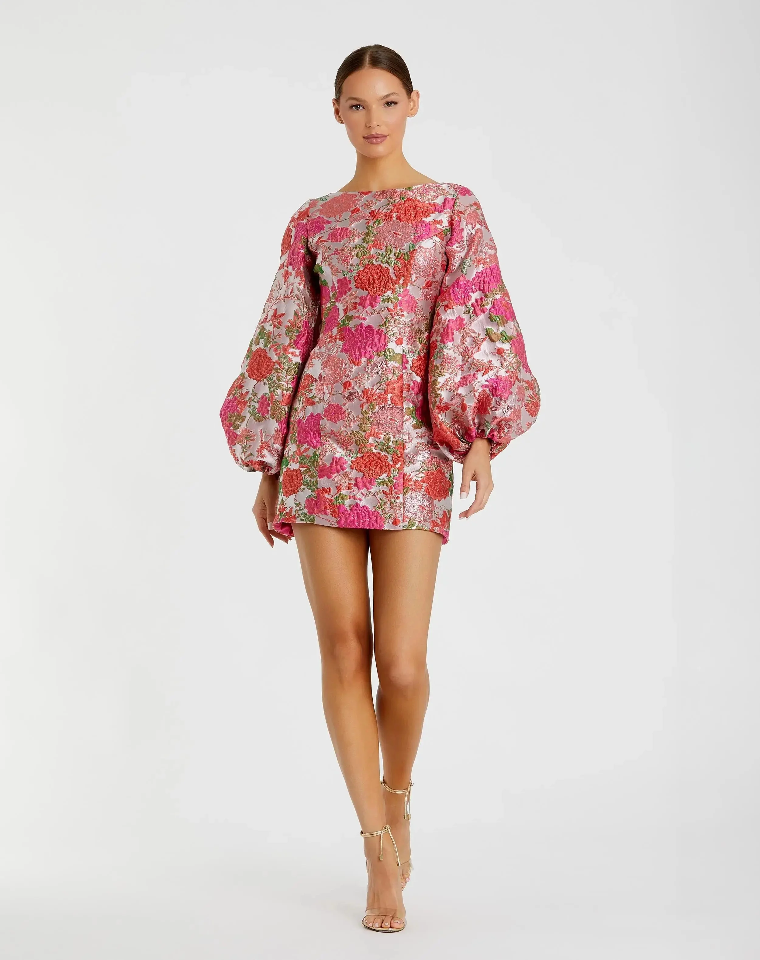 Pink Floral Brocade Balloon Sleeve Mini Dress - 1