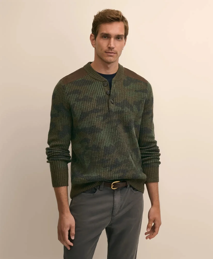 Merino Wool Camouflage Henley Elbow-Patch Sweater - 1