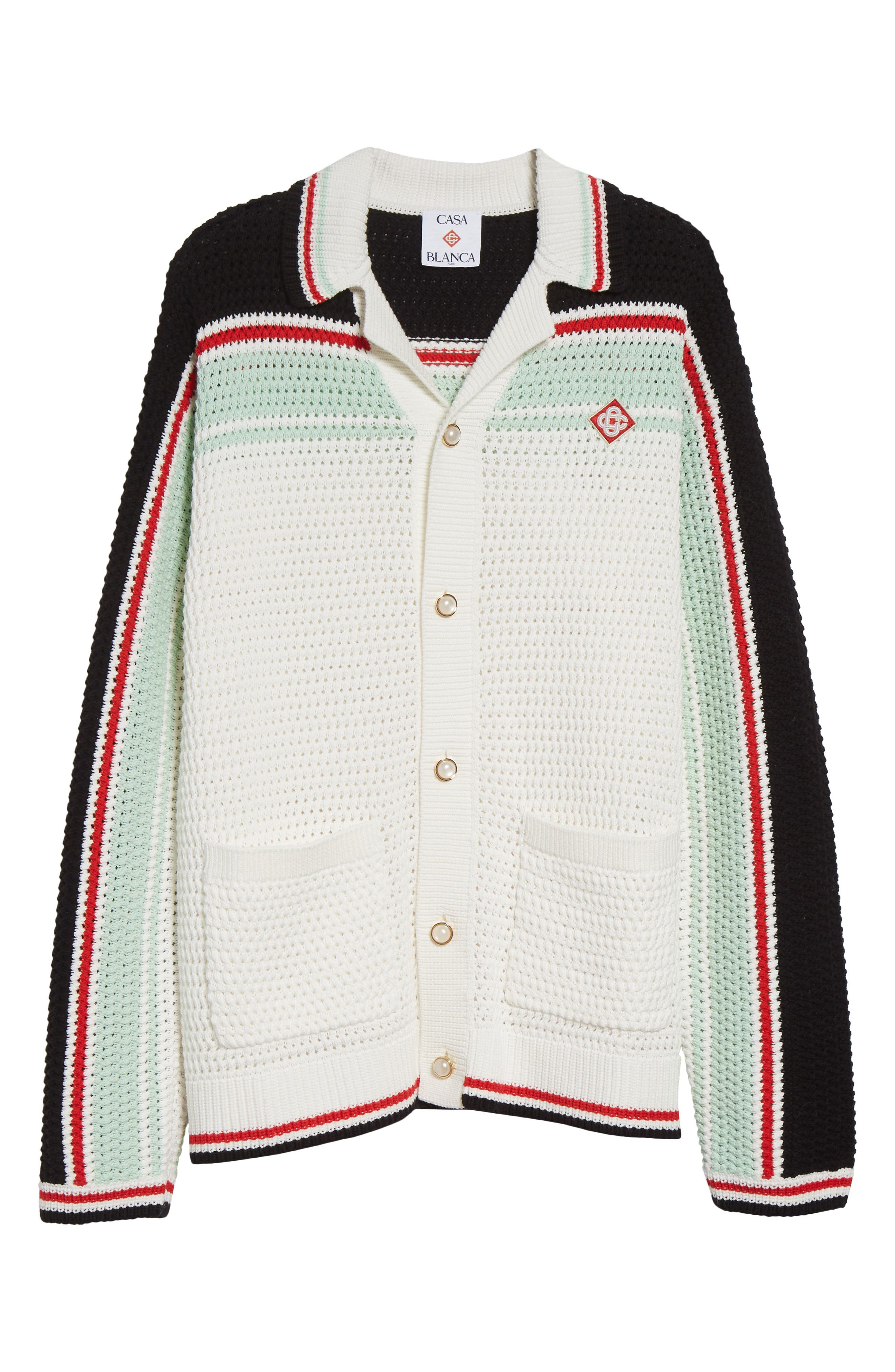 Casablanca Camp Collar Long Sleeve Cotton Crochet Cardigan in White/Black Multi at Nordstrom - 5