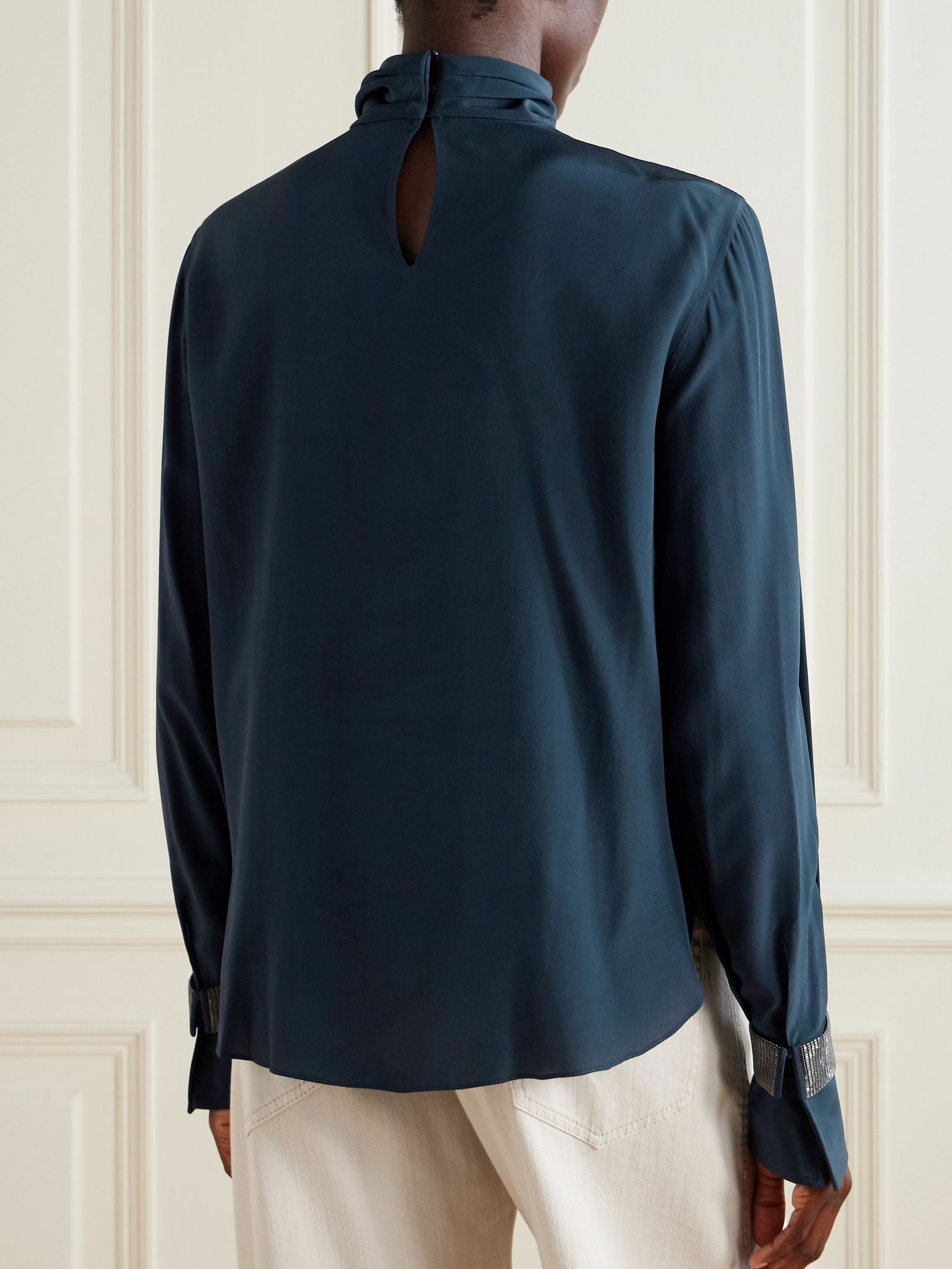Bead-embellished silk crepe de chine turtleneck blouse Navy - 4