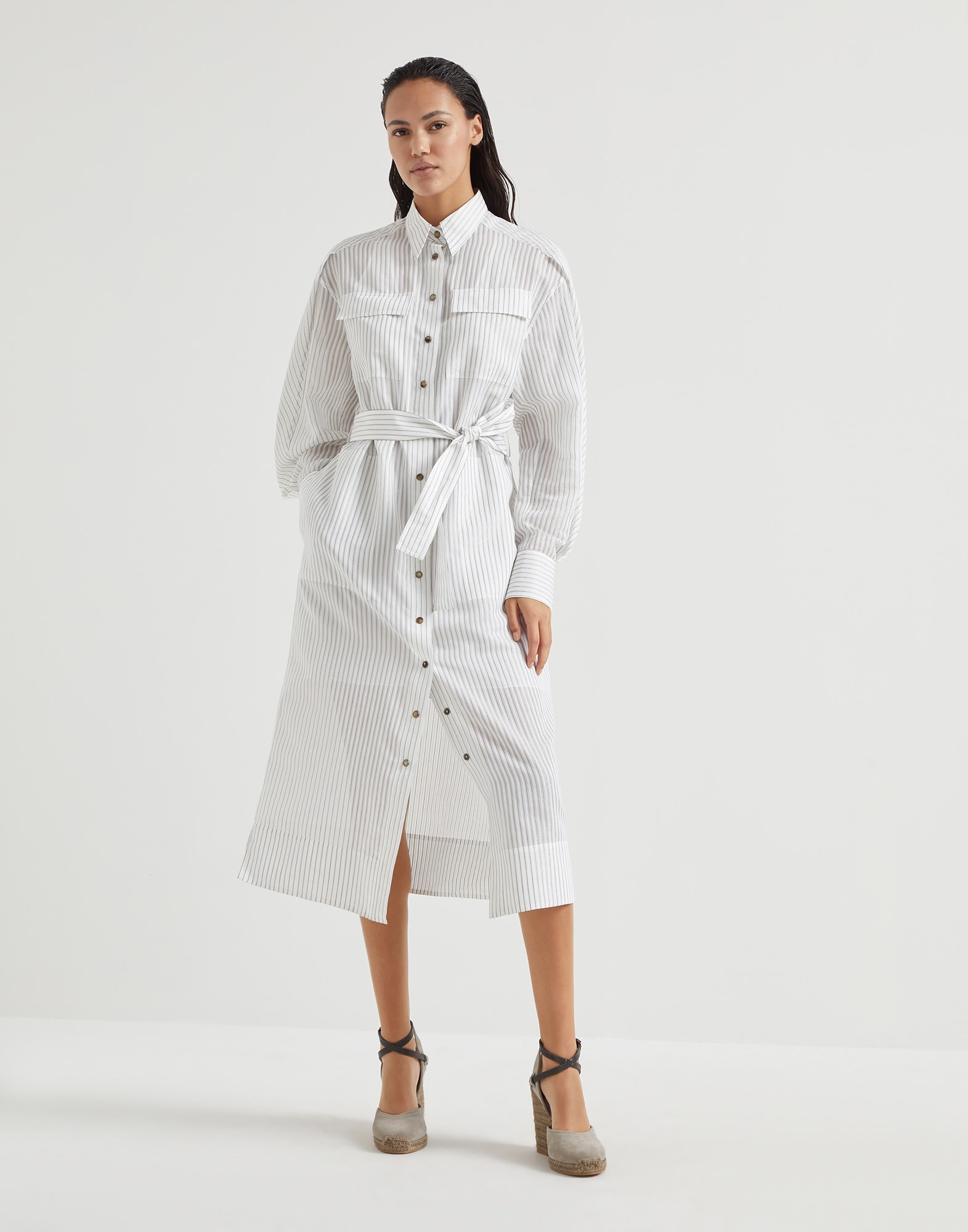 Cotton and silk sparkling stripe organza shirt dress with monili - 1