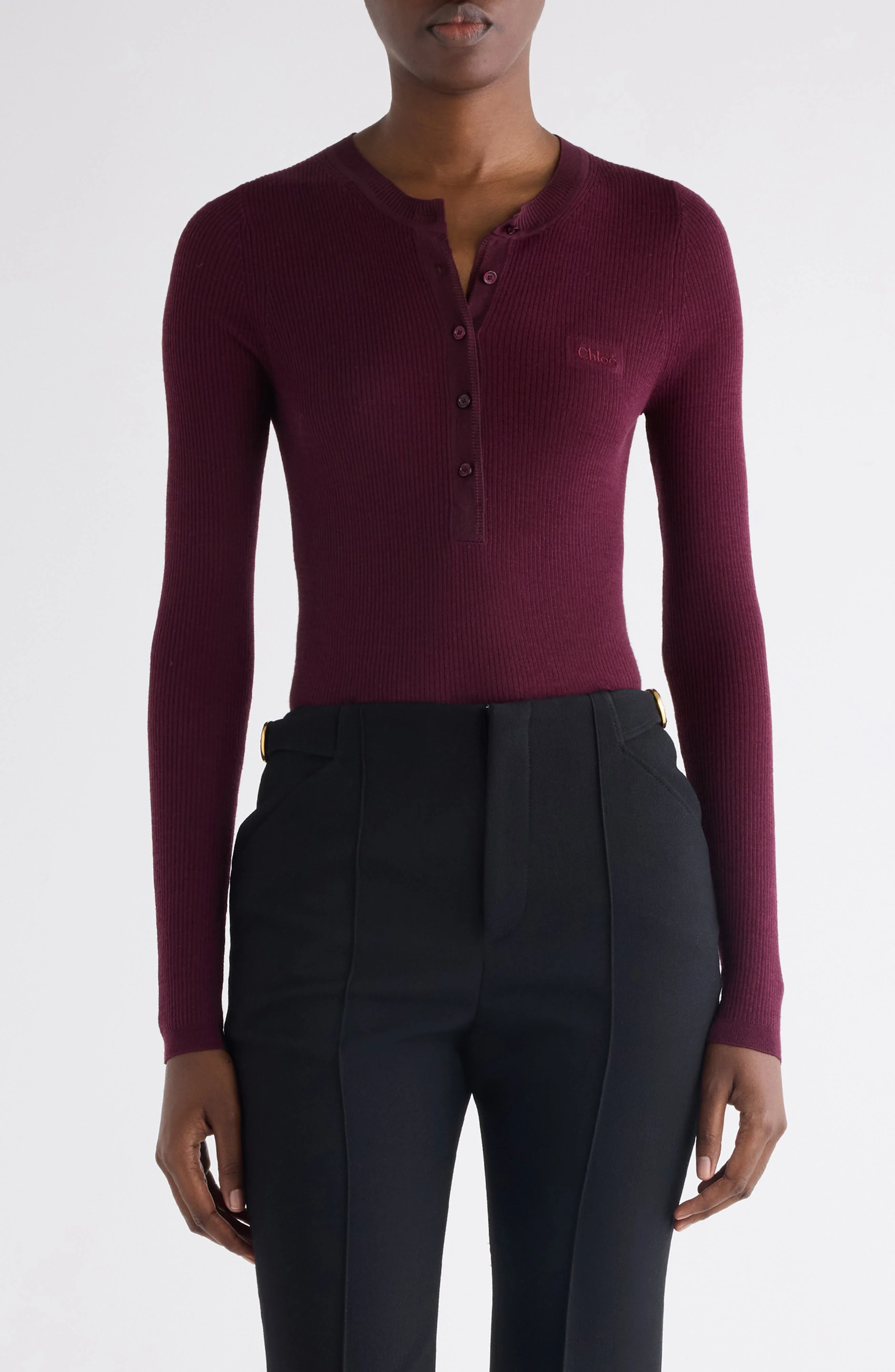 Chloé Long Sleeve Wool Rib Henley in Burgundy at Nordstrom - 1