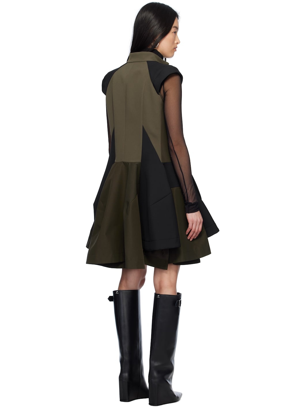 Khaki & Black Matelasse Twill Mix Minidress - 3