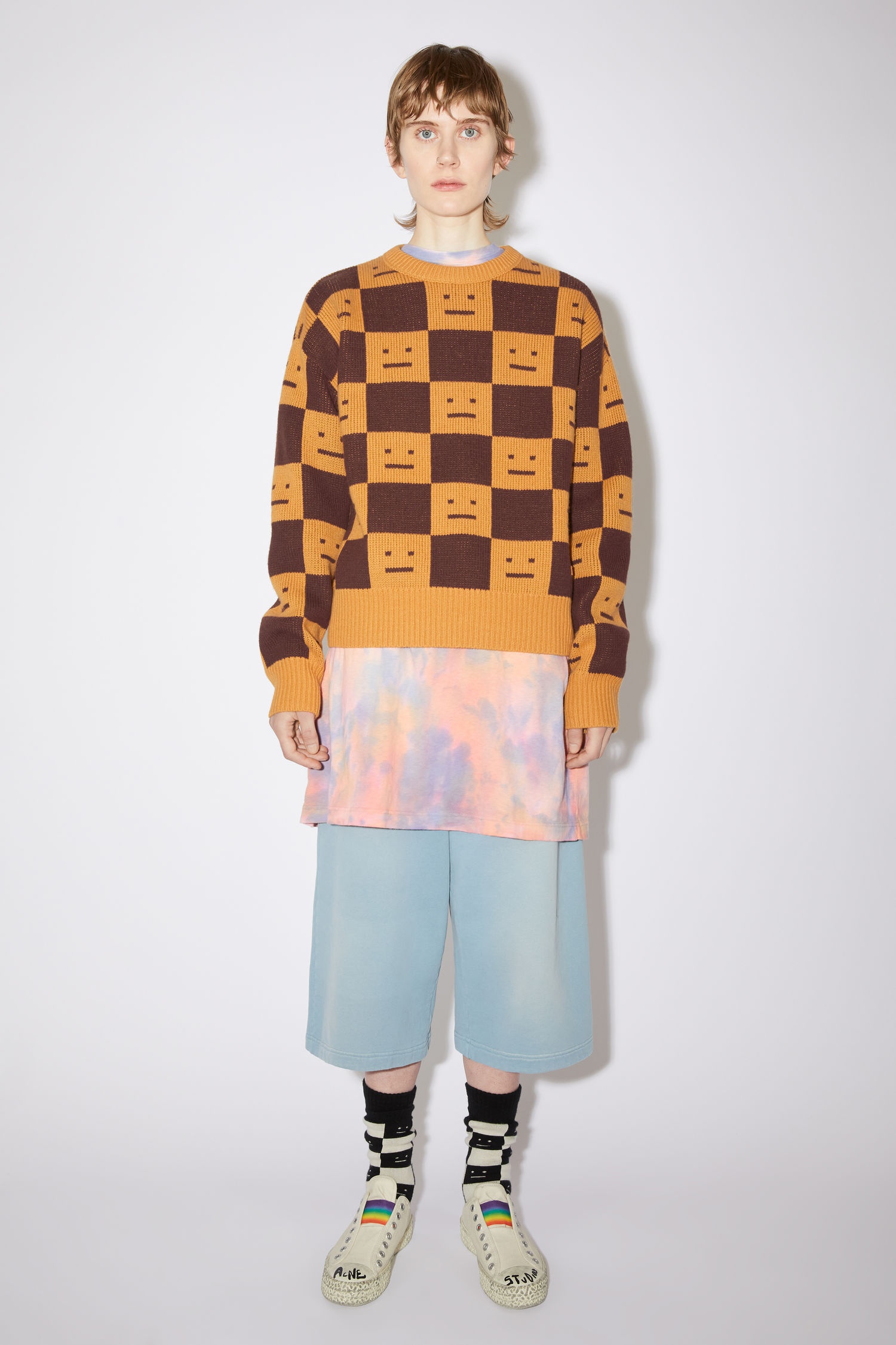 Crew neck wool sweater - Ochre orange/coffee brown - 2