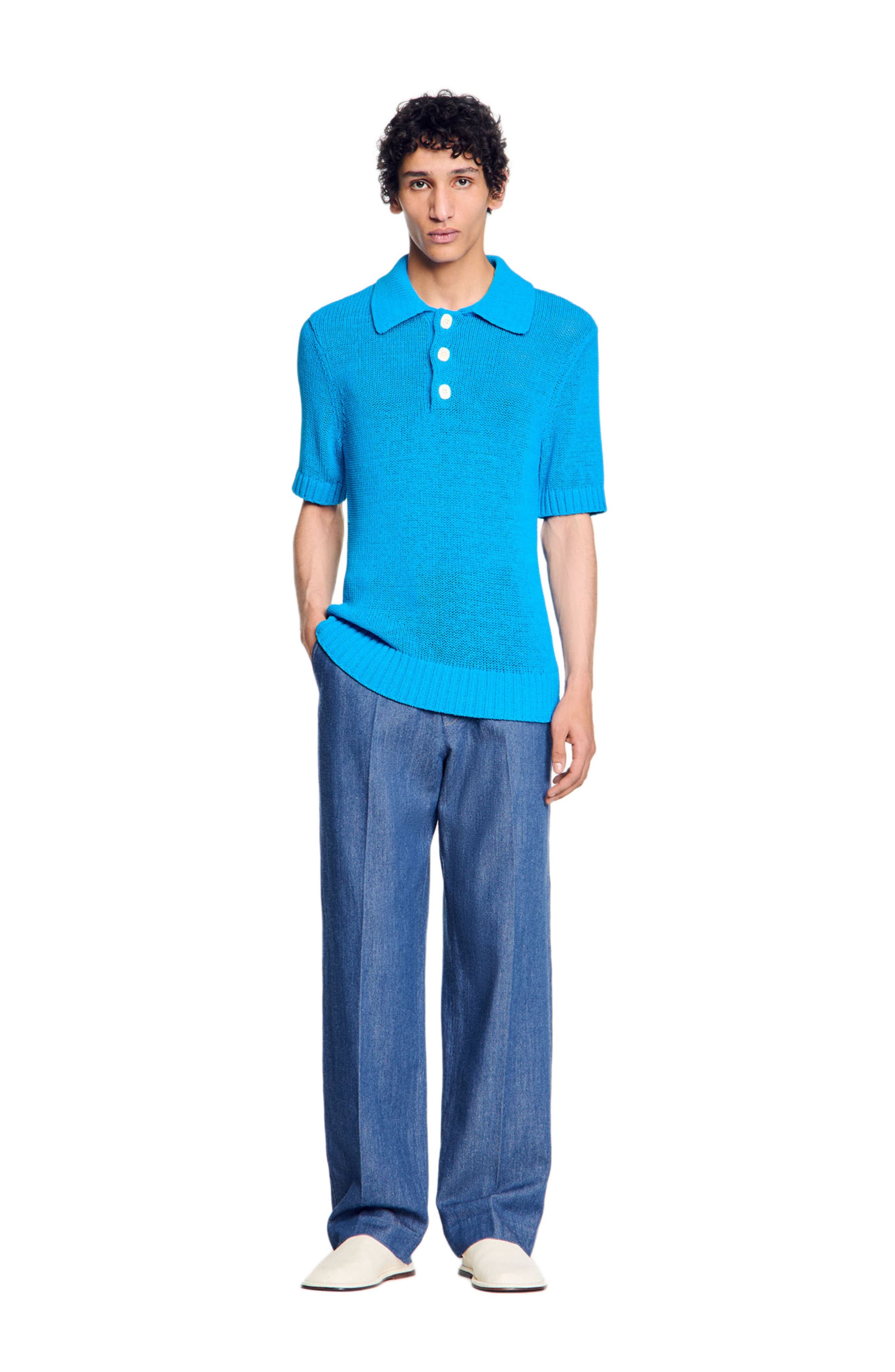 SANDRO Knit polo shirt in Azur. at Nordstrom - 4